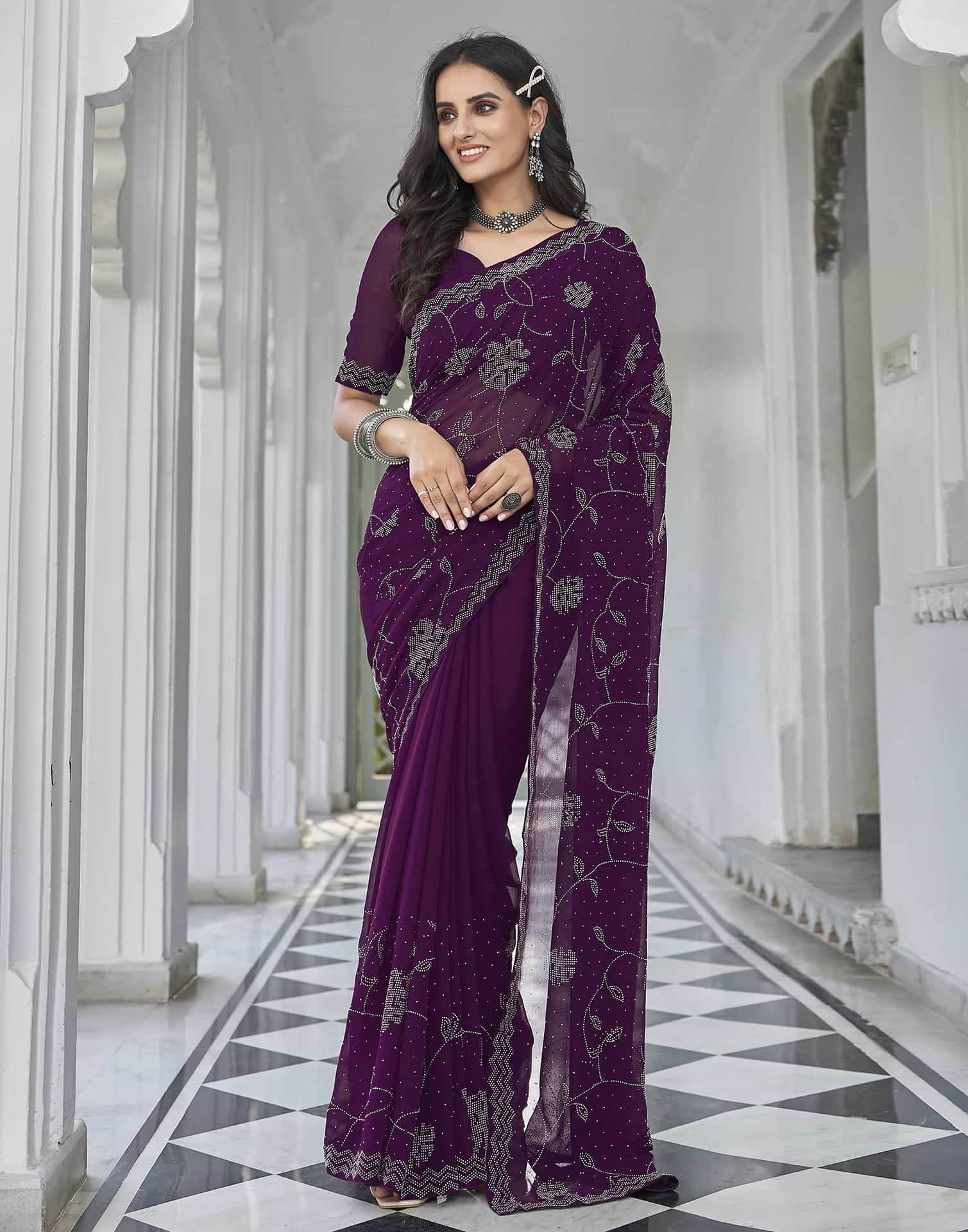 Purple Swarovski Georgette Stone Work Saree Sudathi