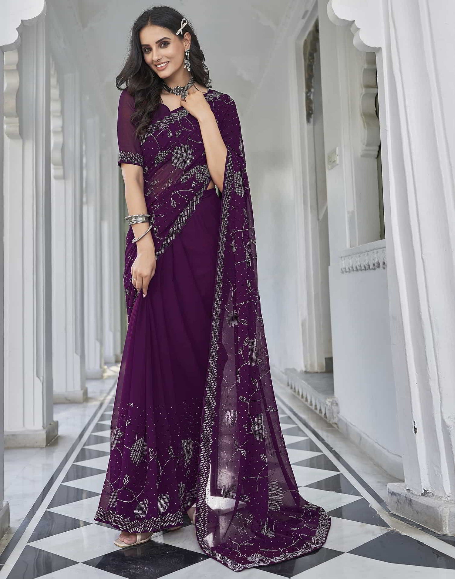 Purple Swarovski Georgette Stone Work Saree