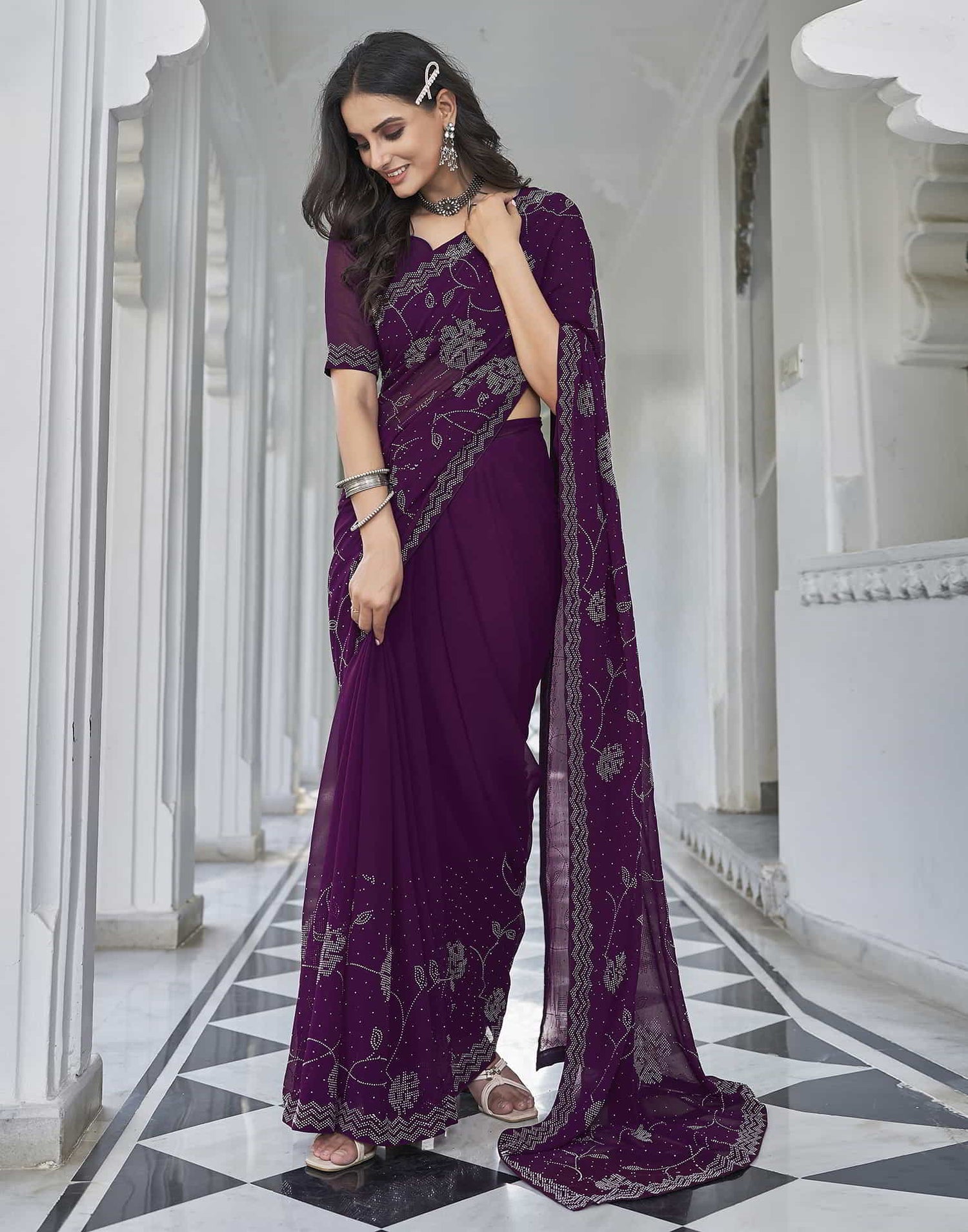 Purple Swarovski Georgette Stone Work Saree