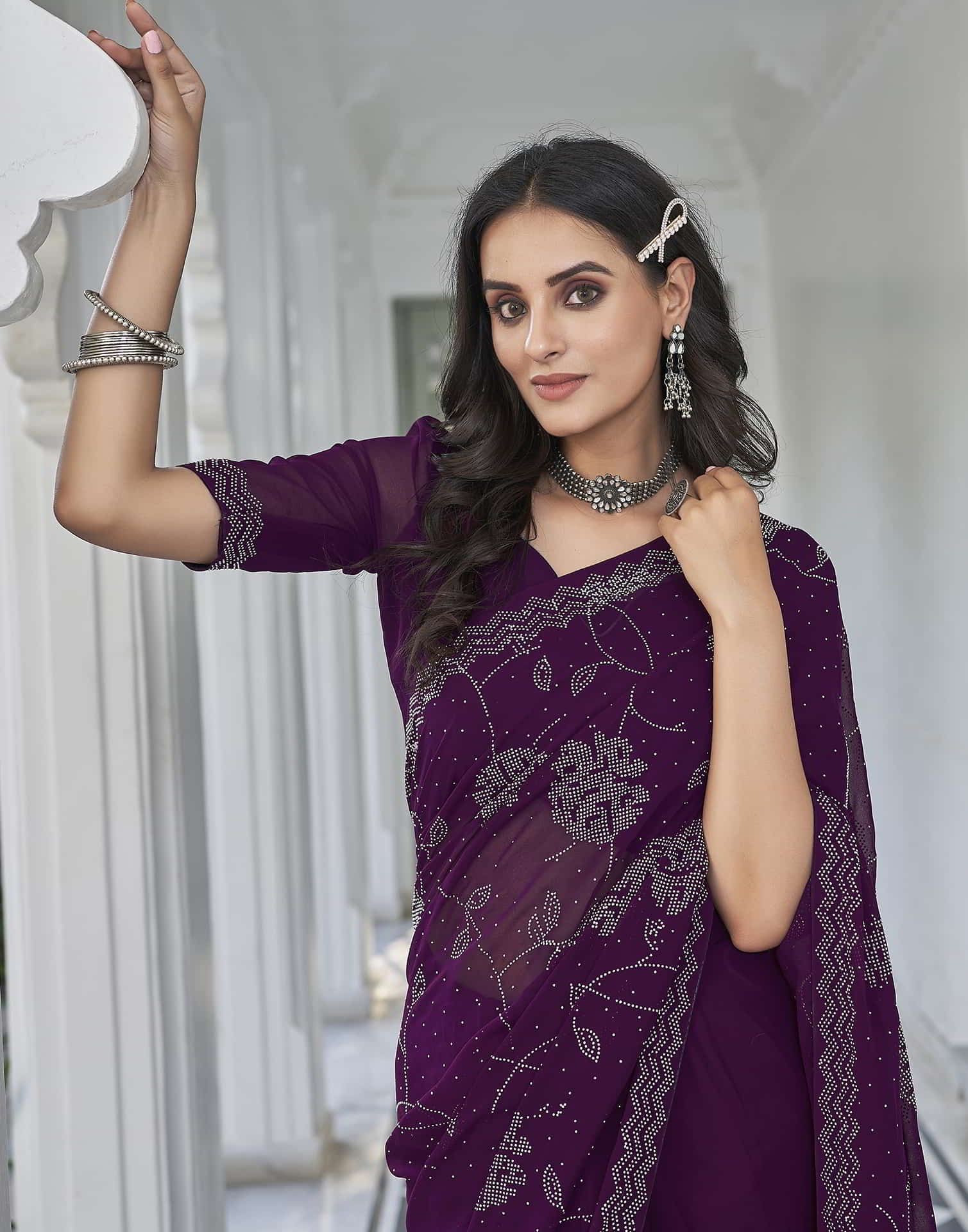 Purple Swarovski Georgette Stone Work Saree