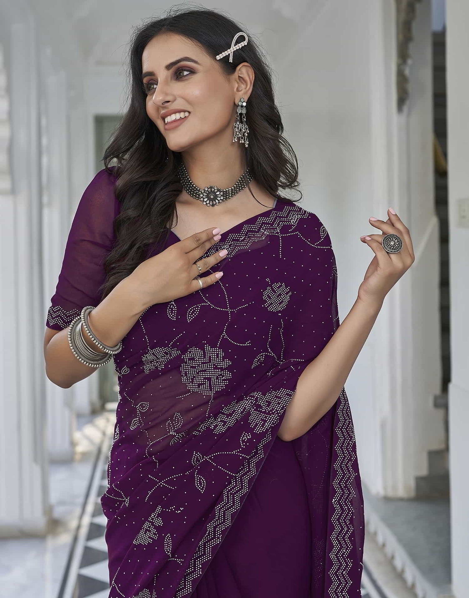 Purple Swarovski Georgette Stone Work Saree