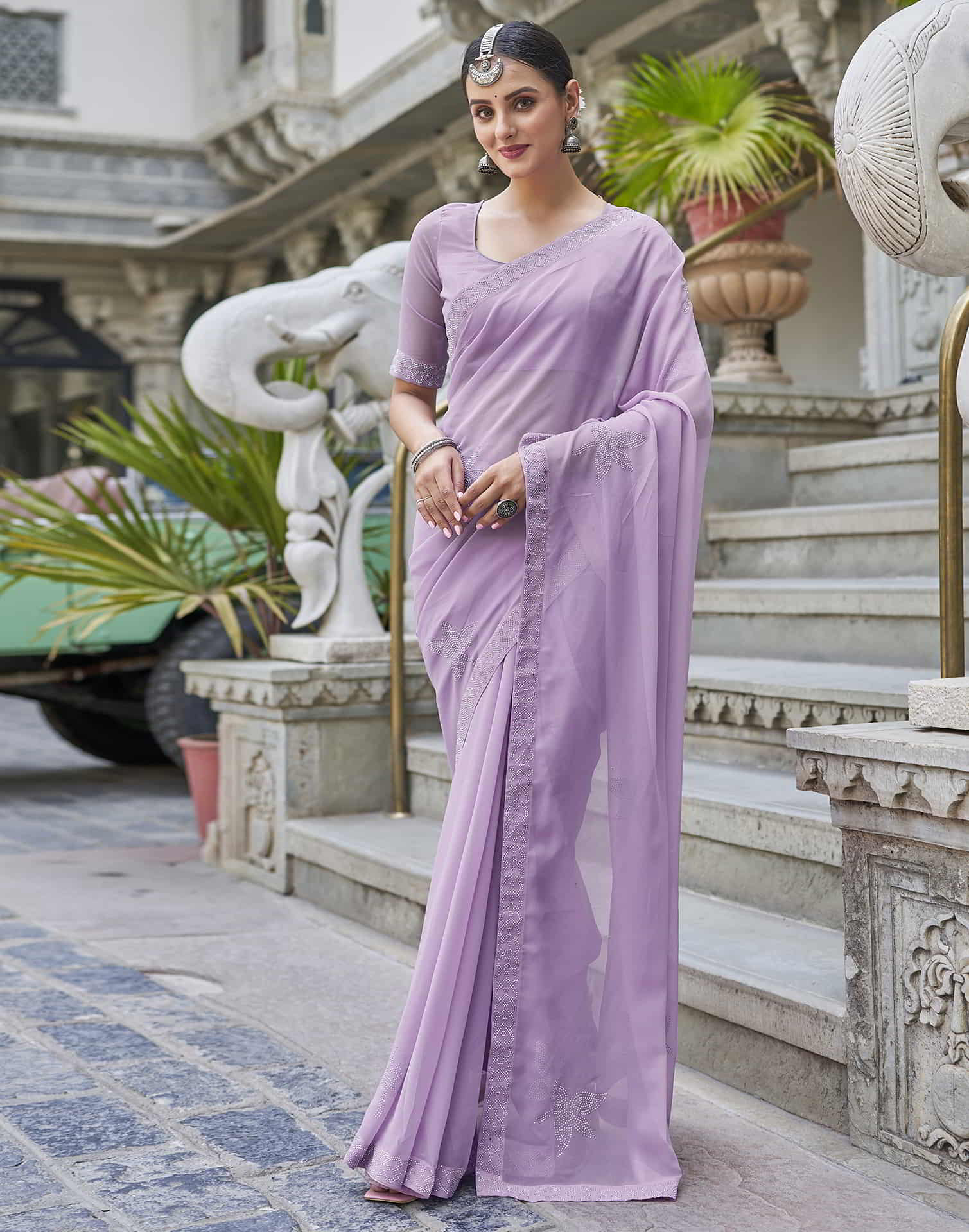 Purple Swarovski Georgette Stone Work Saree