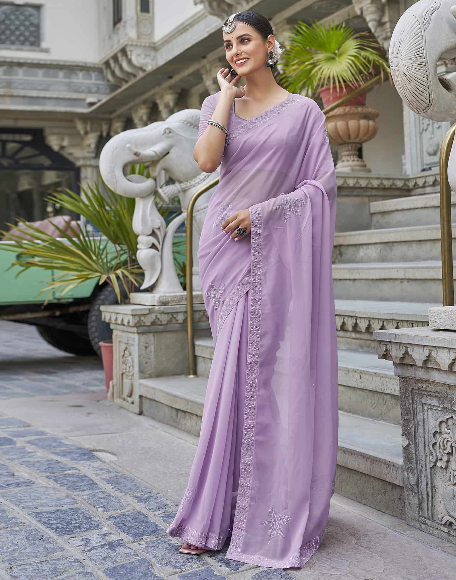 Purple Swarovski Georgette Stone Work Saree