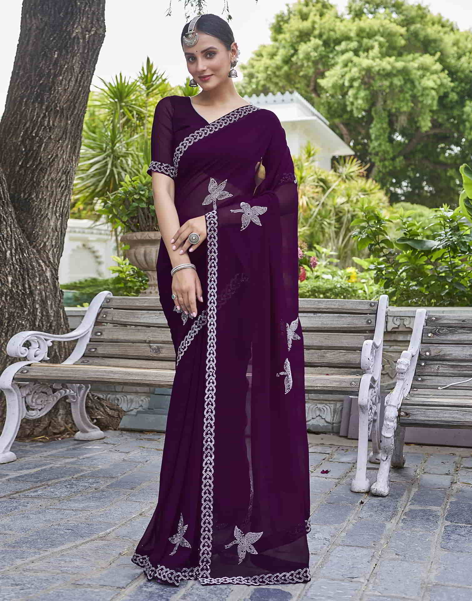 Purple Swarovski Georgette Stone Work Saree