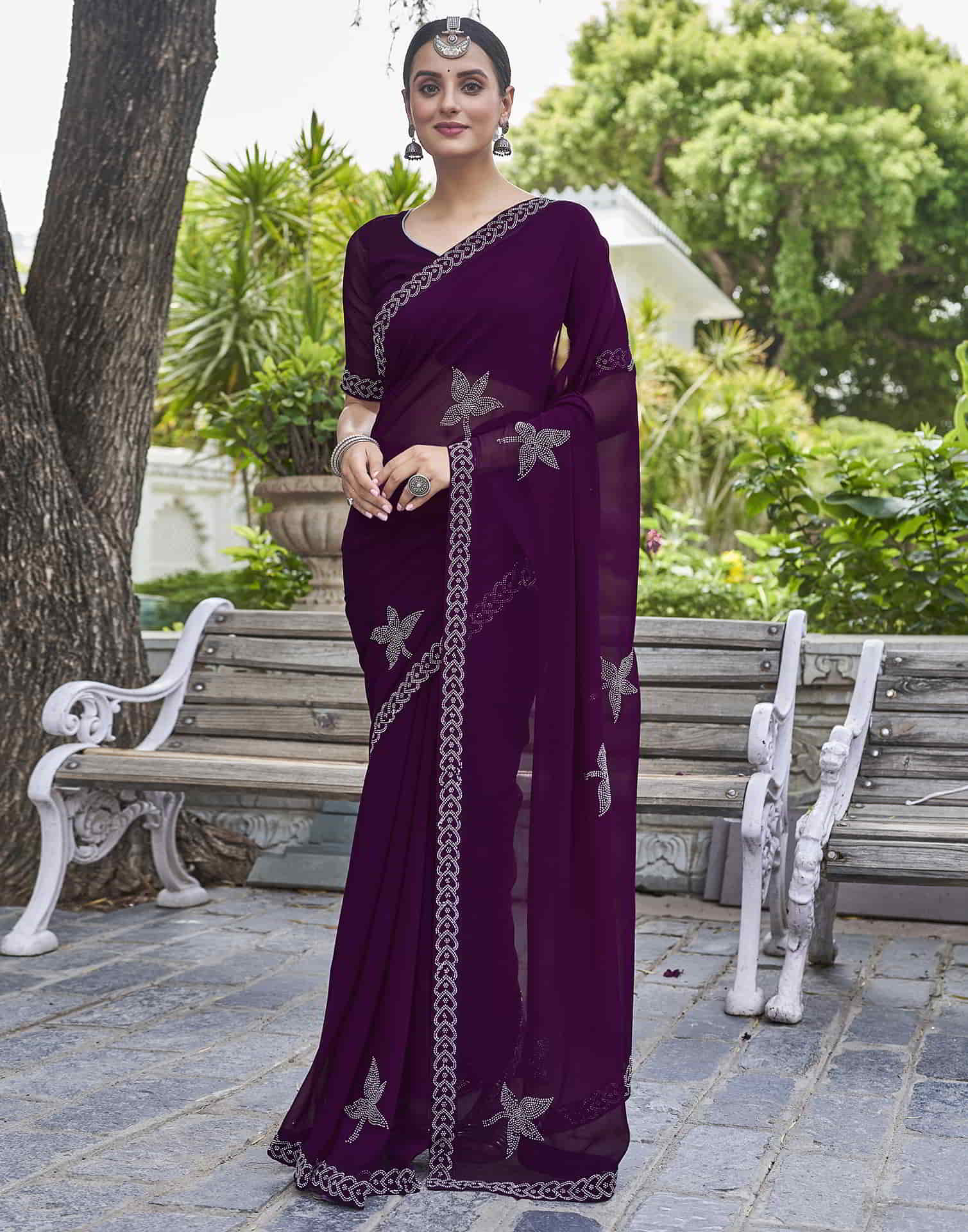 Purple Swarovski Georgette Stone Work Saree