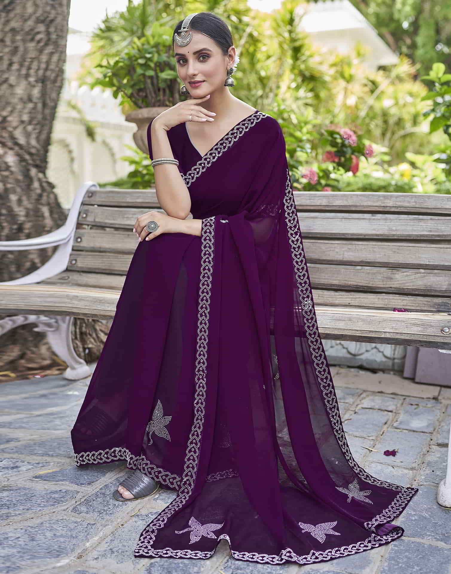 Purple Swarovski Georgette Stone Work Saree