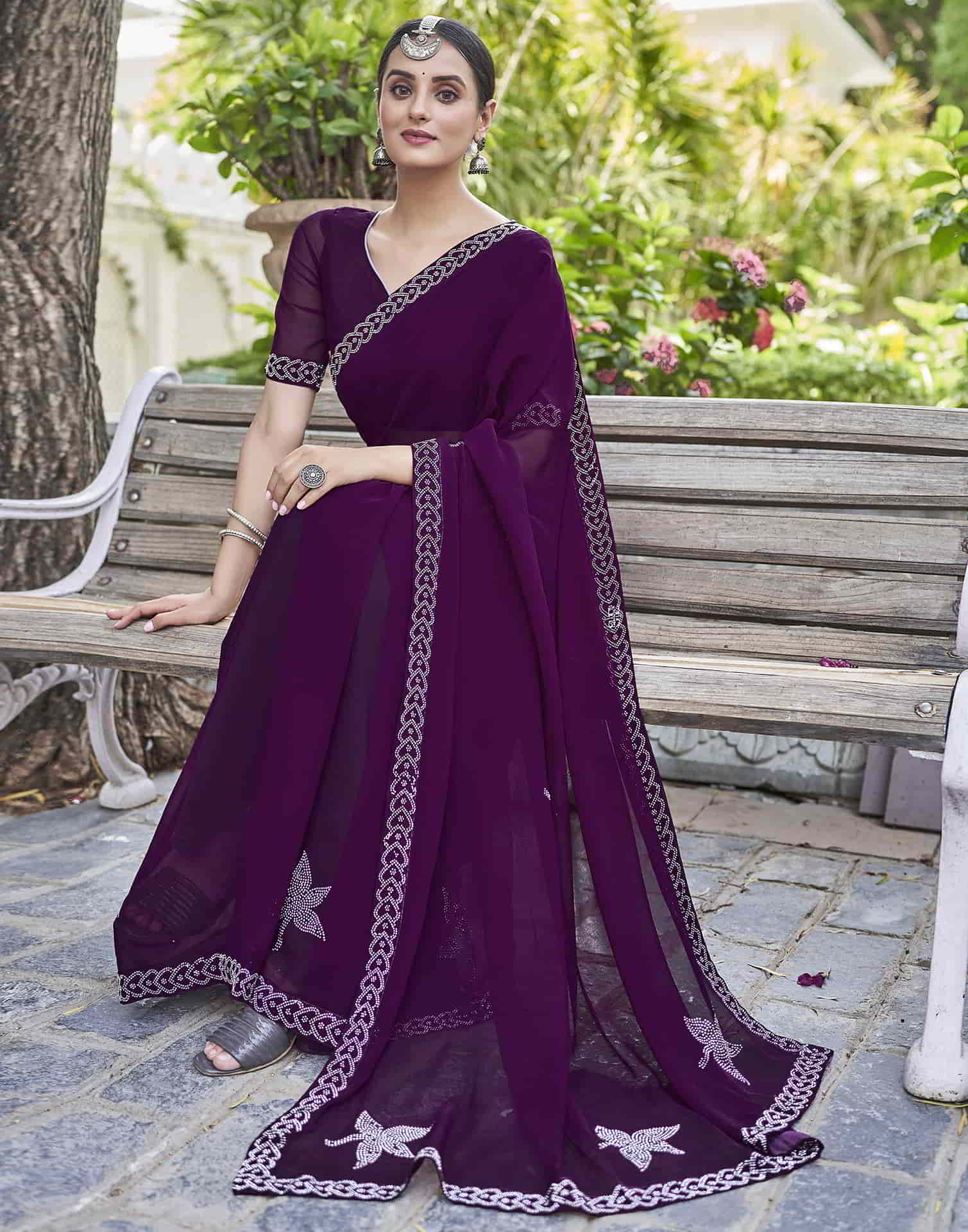 Purple Swarovski Georgette Stone Work Saree