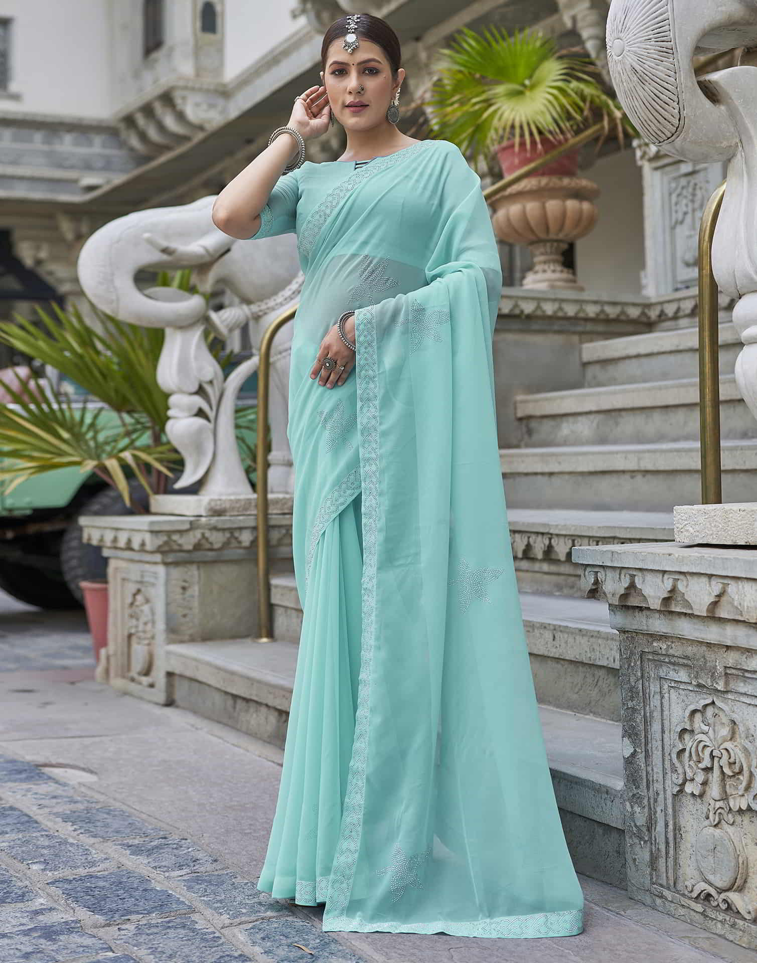 Turquoise Swarovski Georgette Stone Work Saree