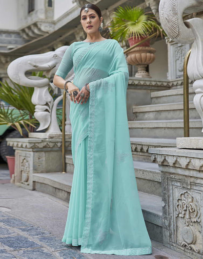 Turquoise Swarovski Georgette Stone Work Saree