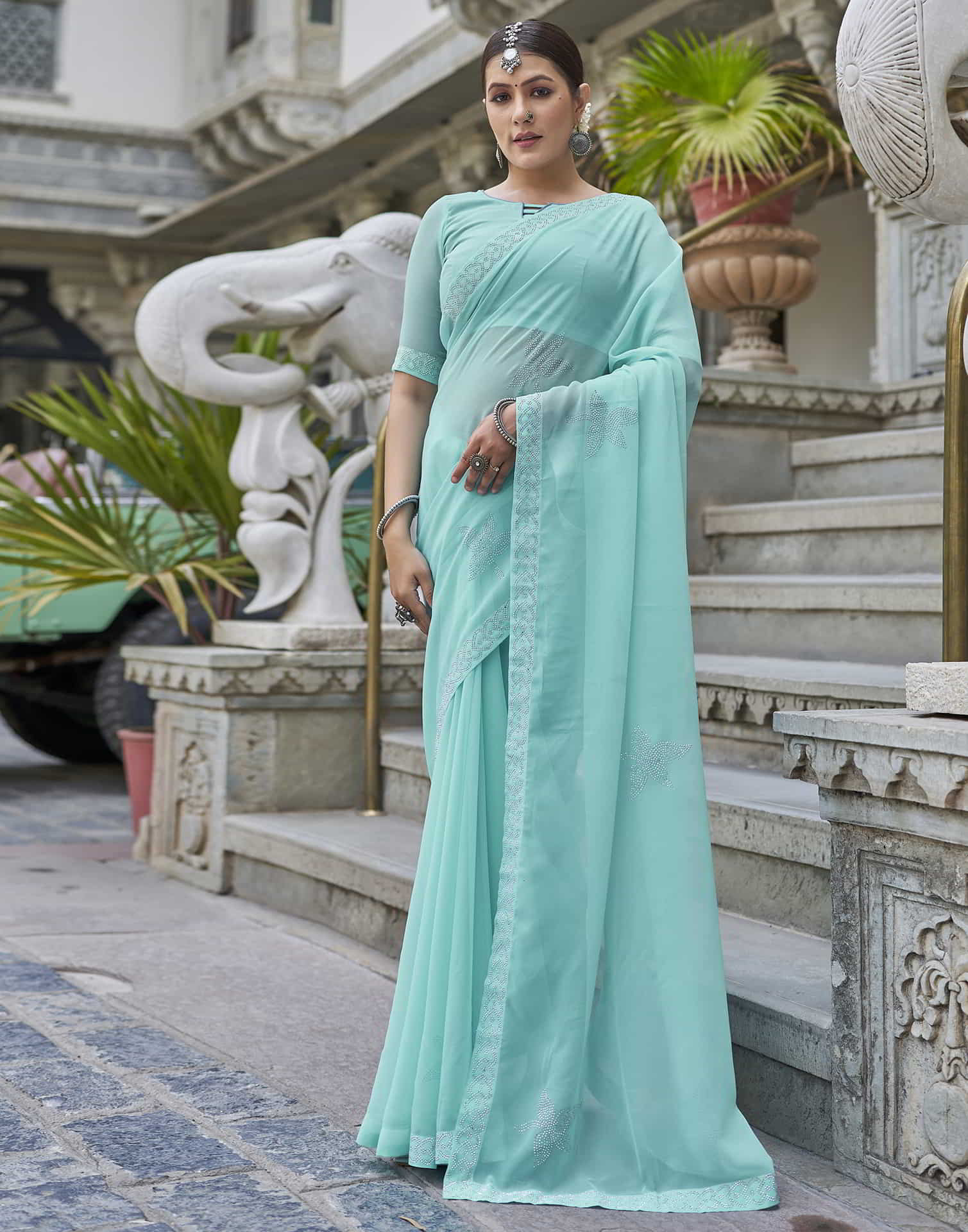 Turquoise Swarovski Georgette Stone Work Saree