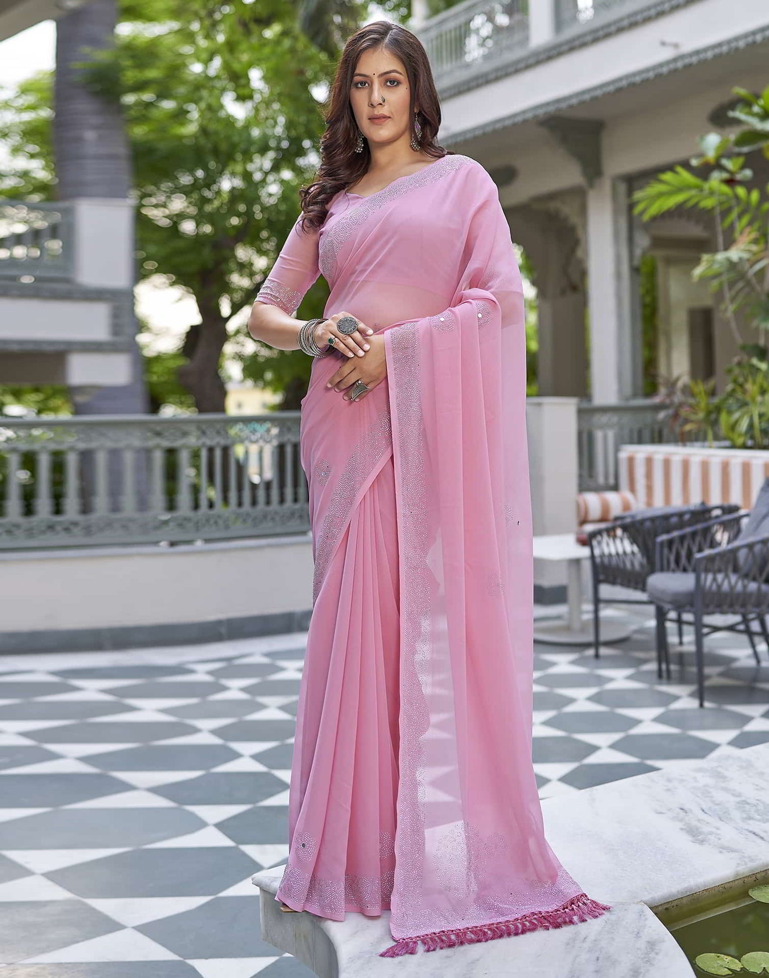 Pink Swarovski Georgette Stone Work Saree