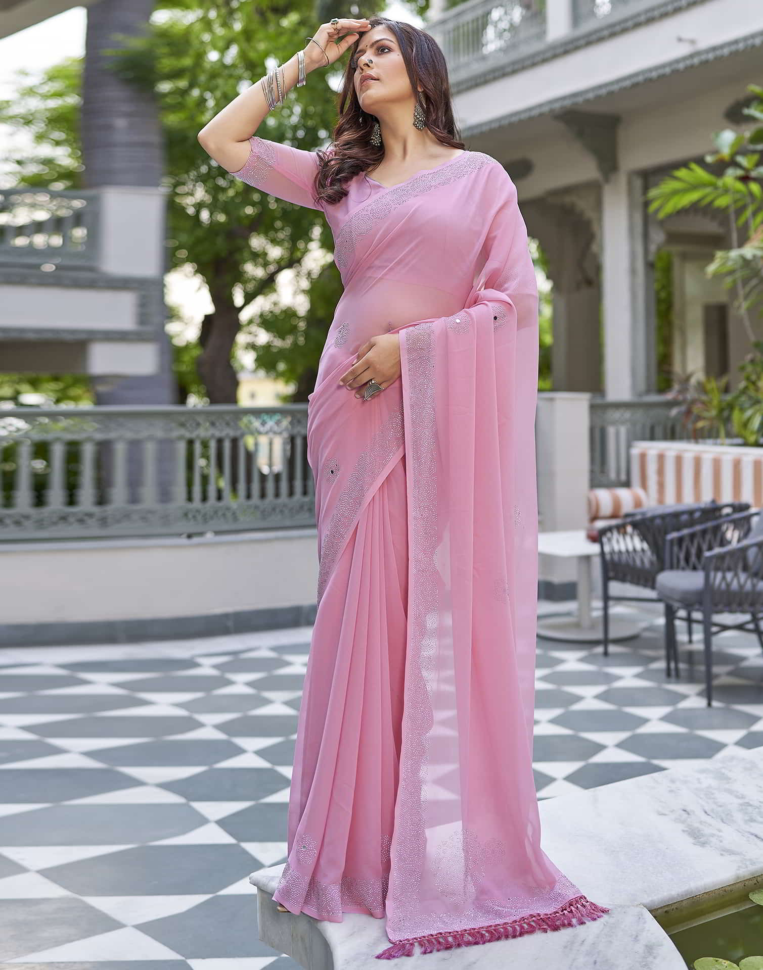 Pink Swarovski Georgette Stone Work Saree