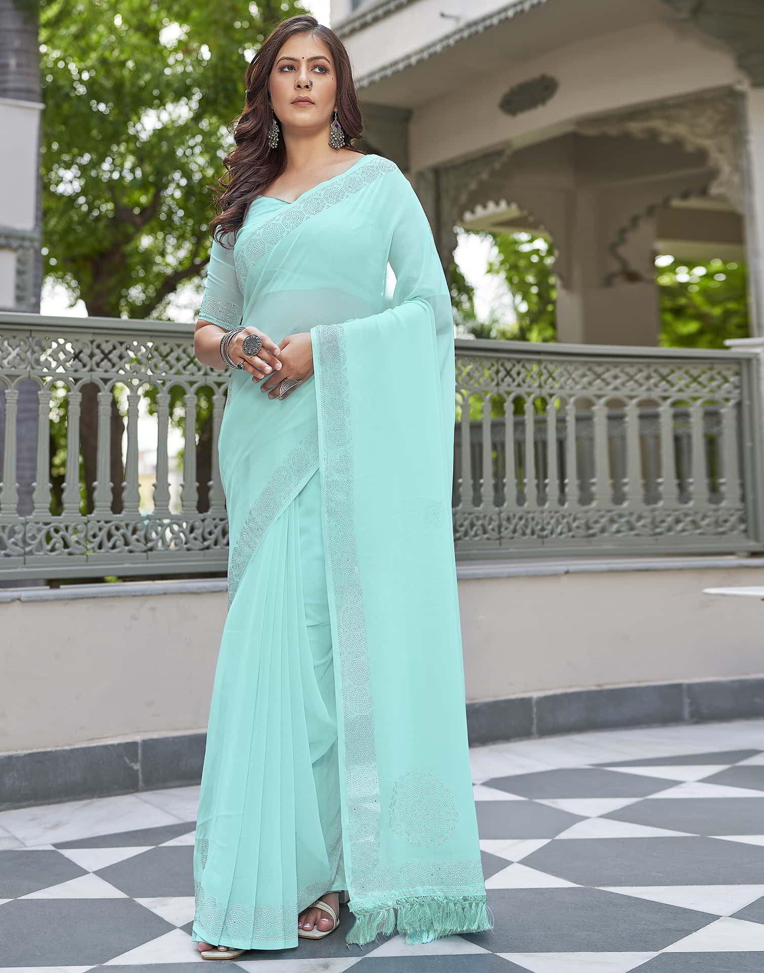 Turquoise Swarovski Georgette Stone Work Saree