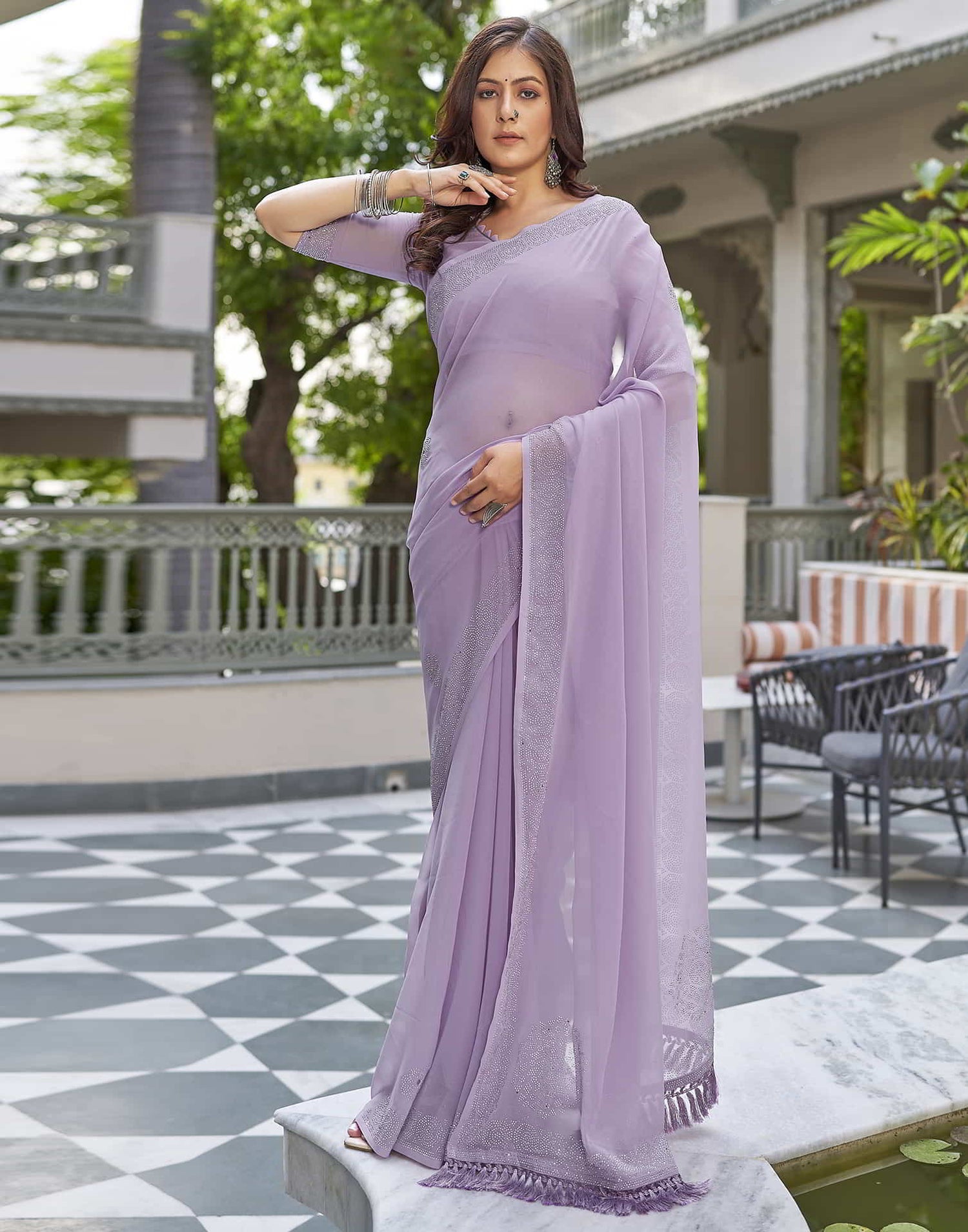 Purple Swarovski Georgette Stone Work Saree