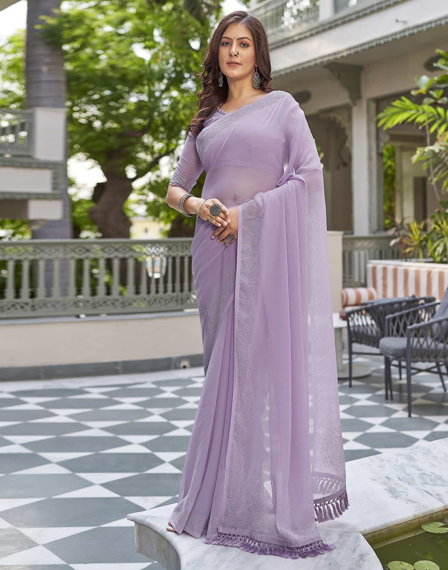 Purple Swarovski Georgette Stone Work Saree