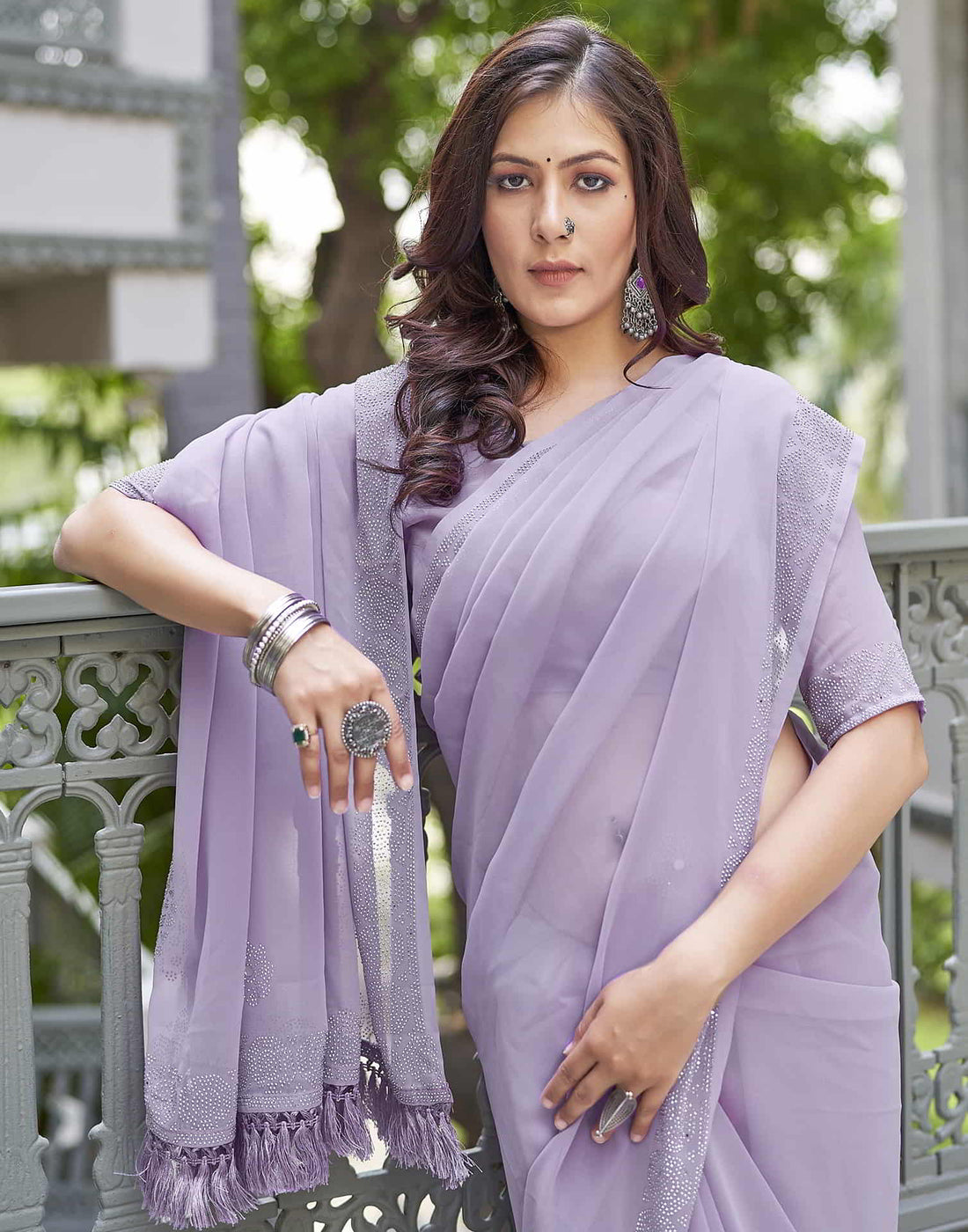 Purple Swarovski Georgette Stone Work Saree