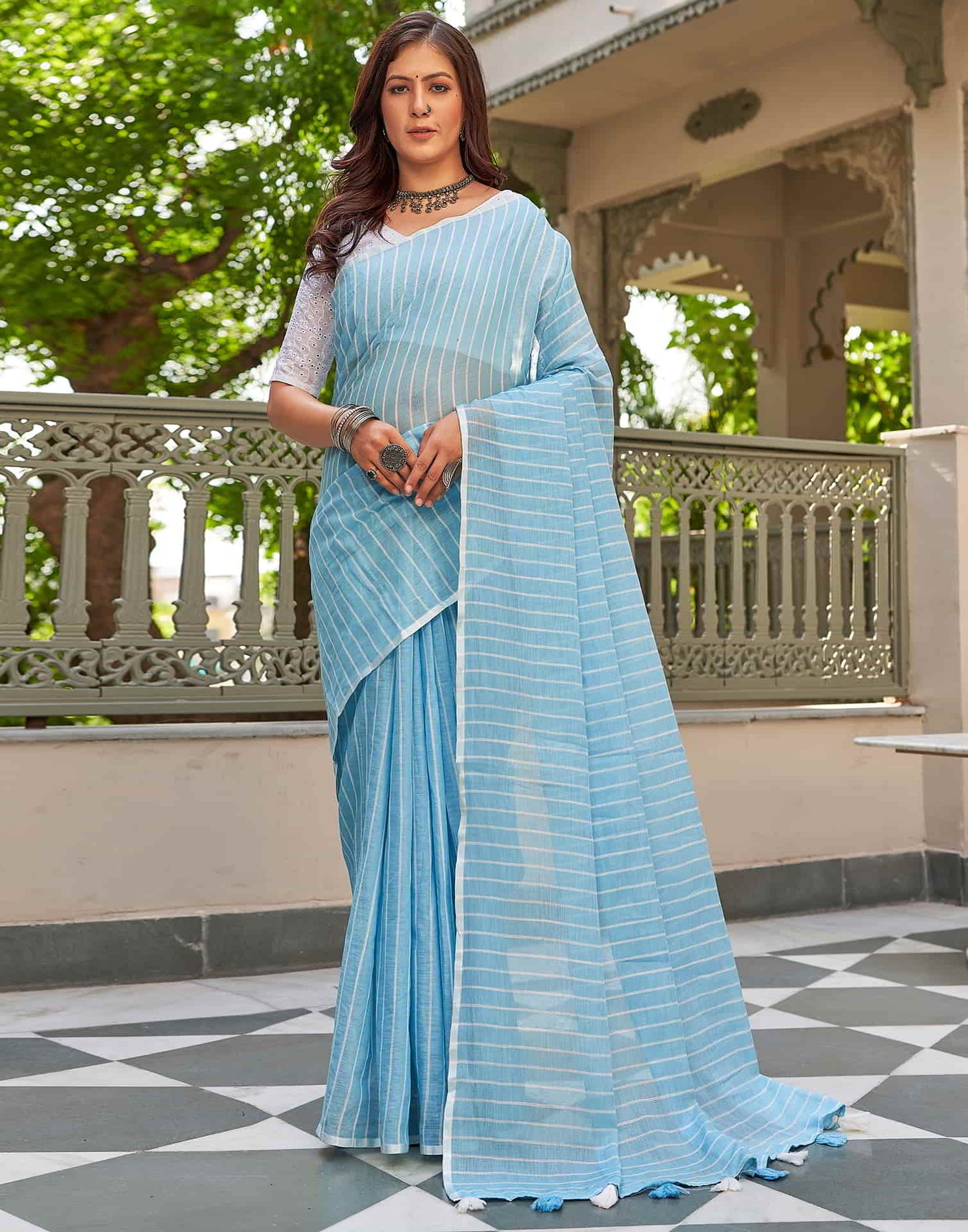 Blue Leheriya Linen Woven Saree