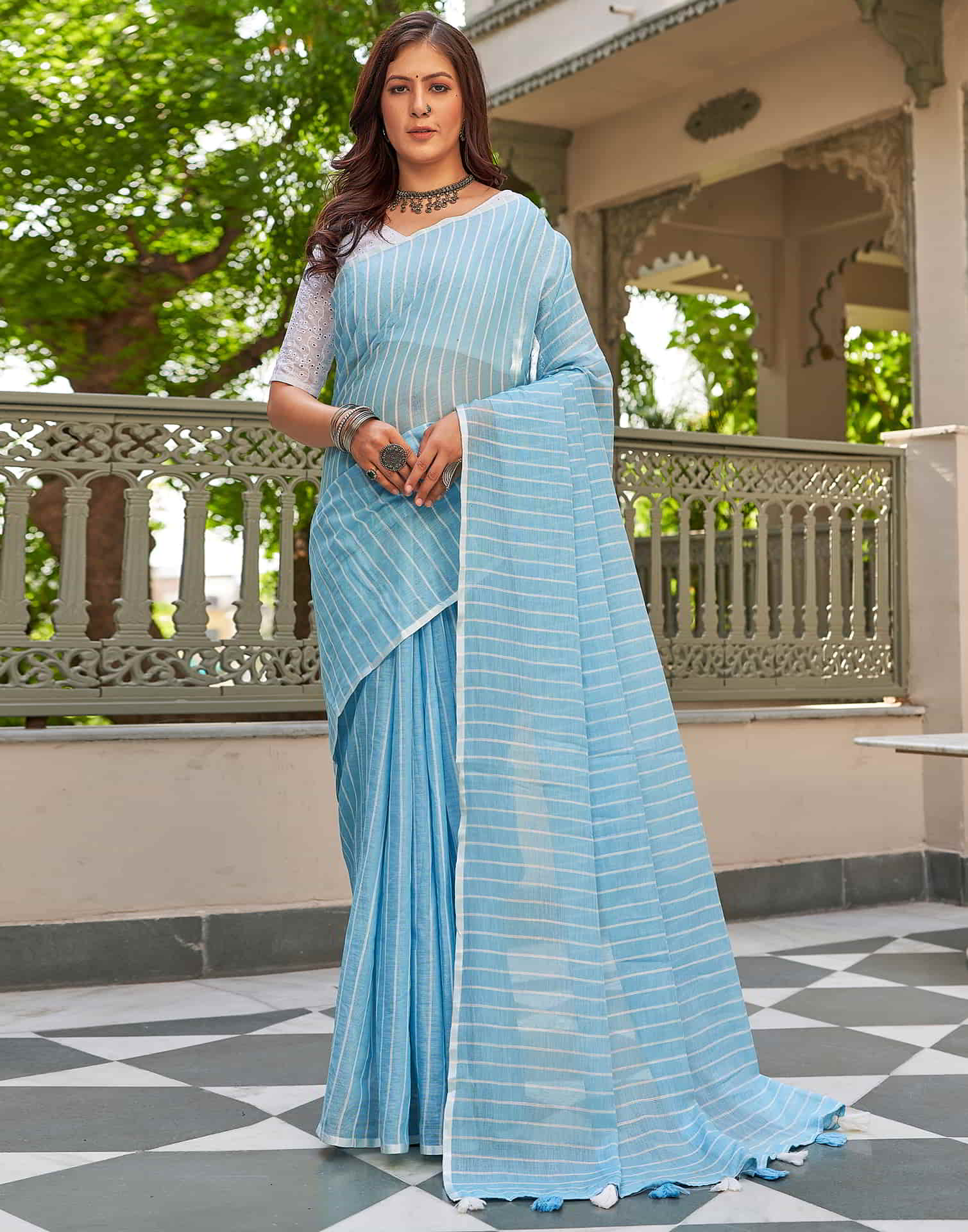 Blue Leheriya Linen Woven Saree