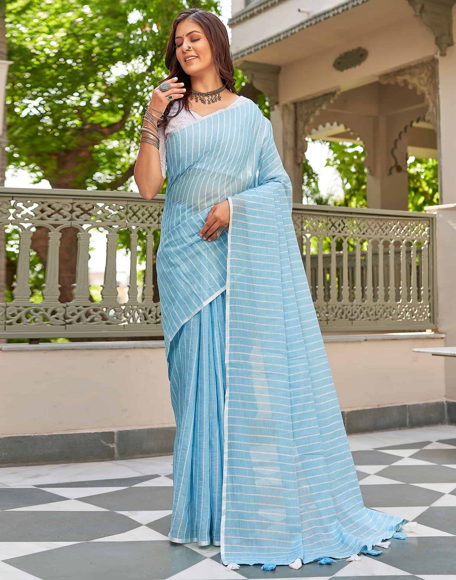 Blue Leheriya Linen Woven Saree