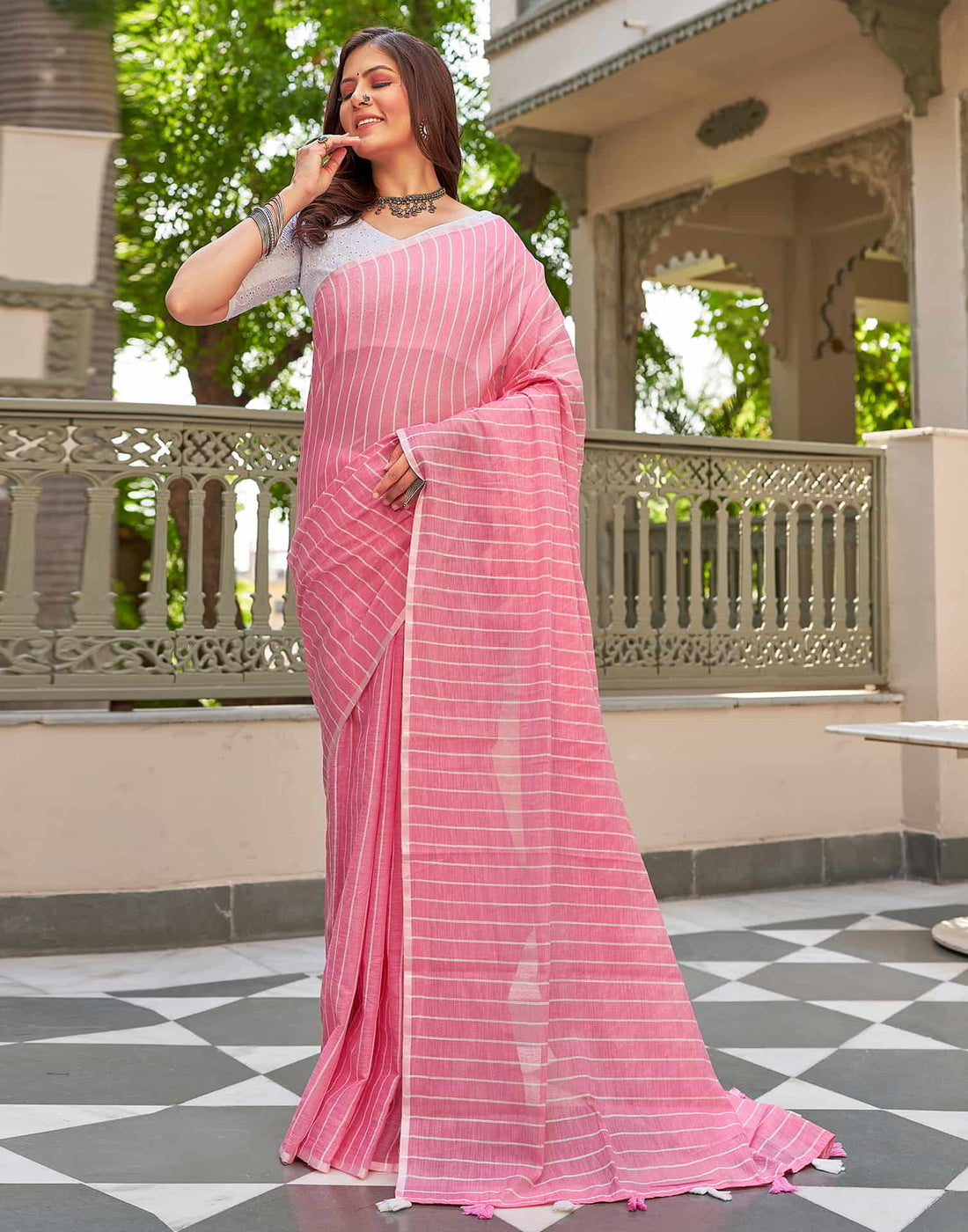 Pink Leheriya Linen Woven Saree