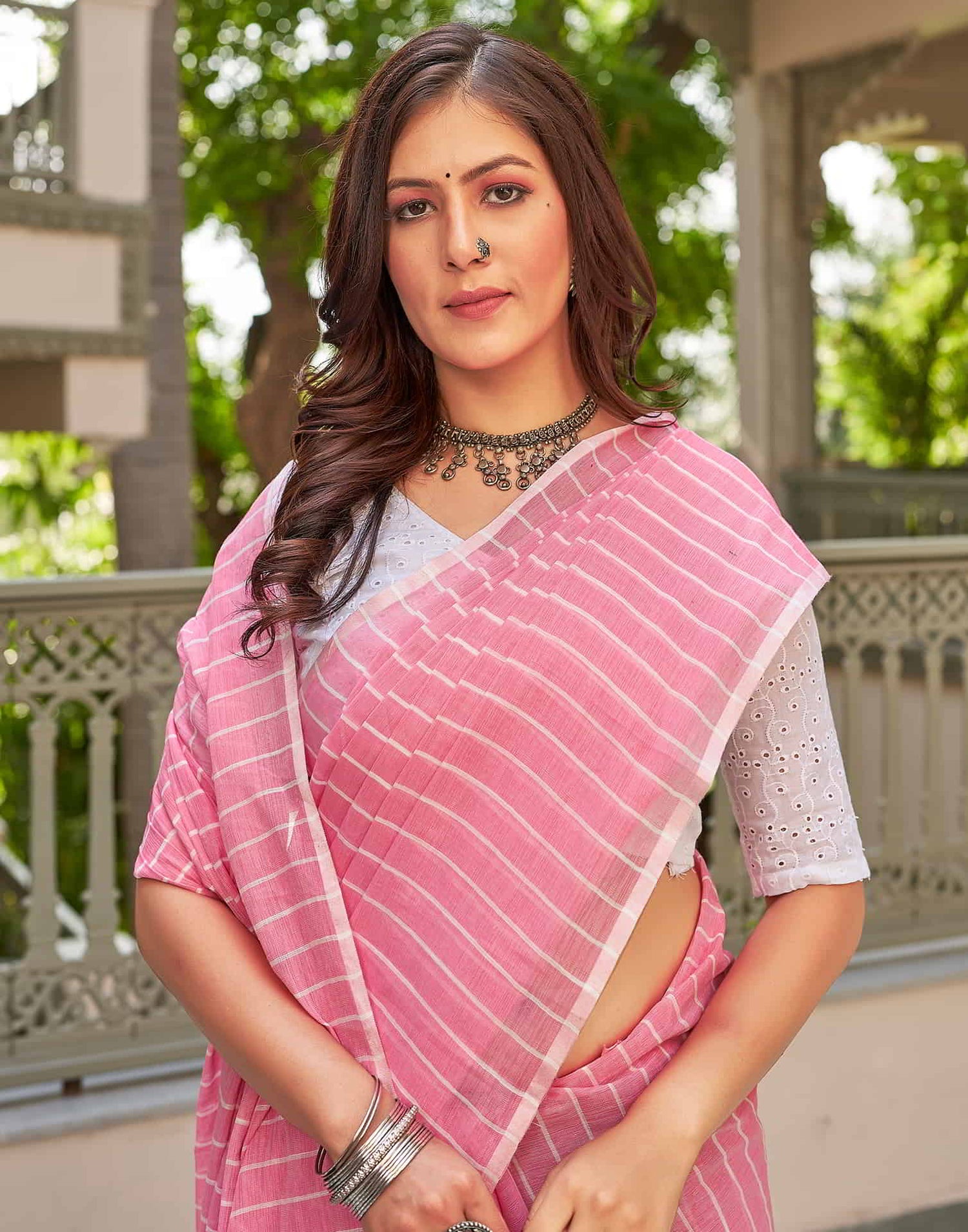 Pink Leheriya Linen Woven Saree