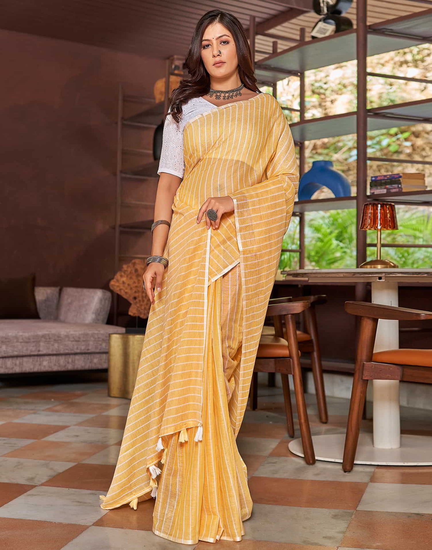 Yellow Leheriya Linen Woven Saree