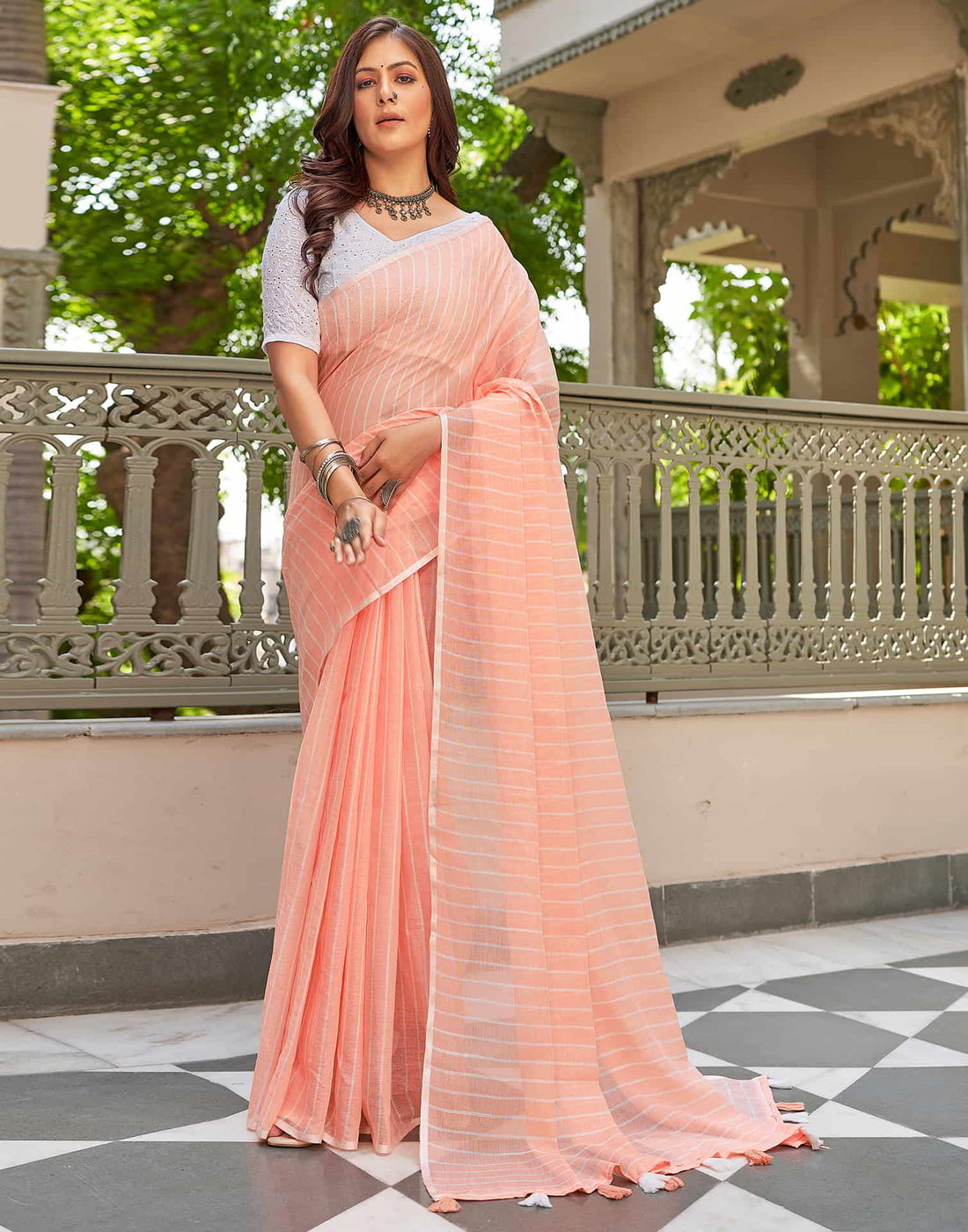 Peach Leheriya Linen Woven Saree