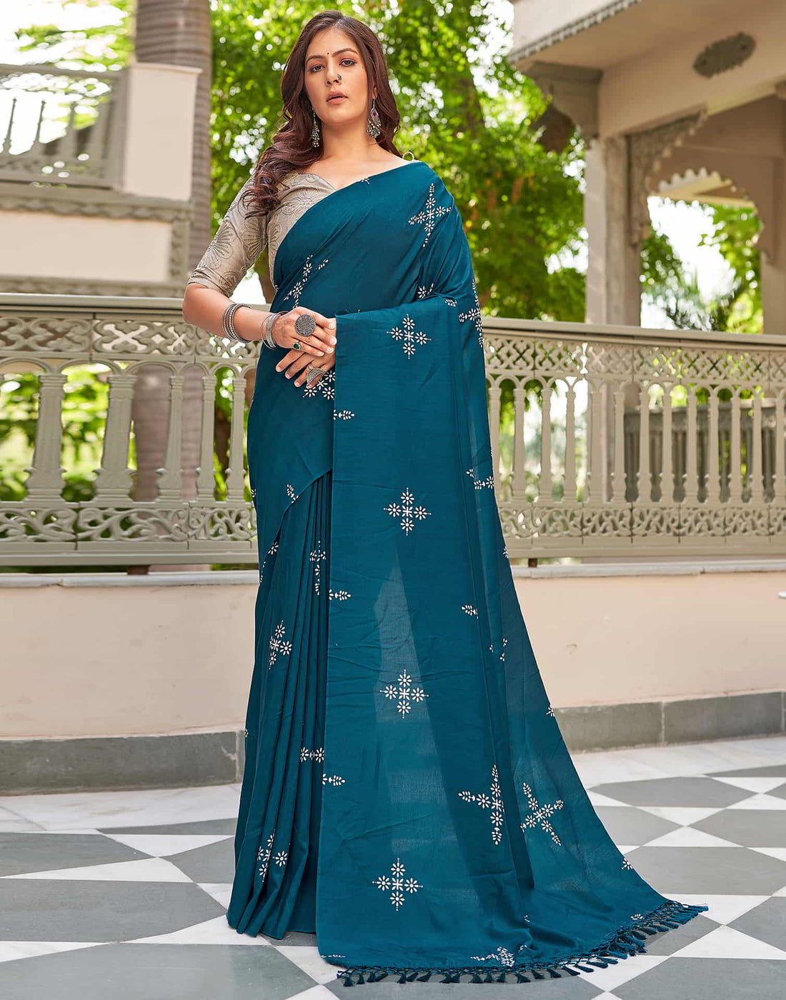 Blue Printed Cotton Saree