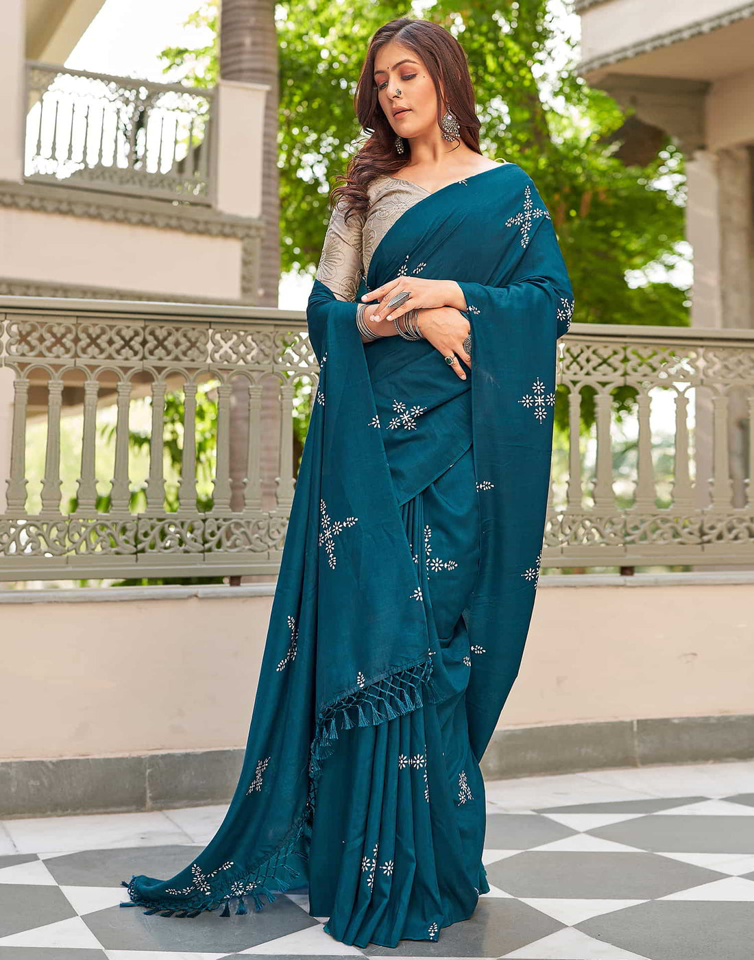 Blue Printed Cotton Saree