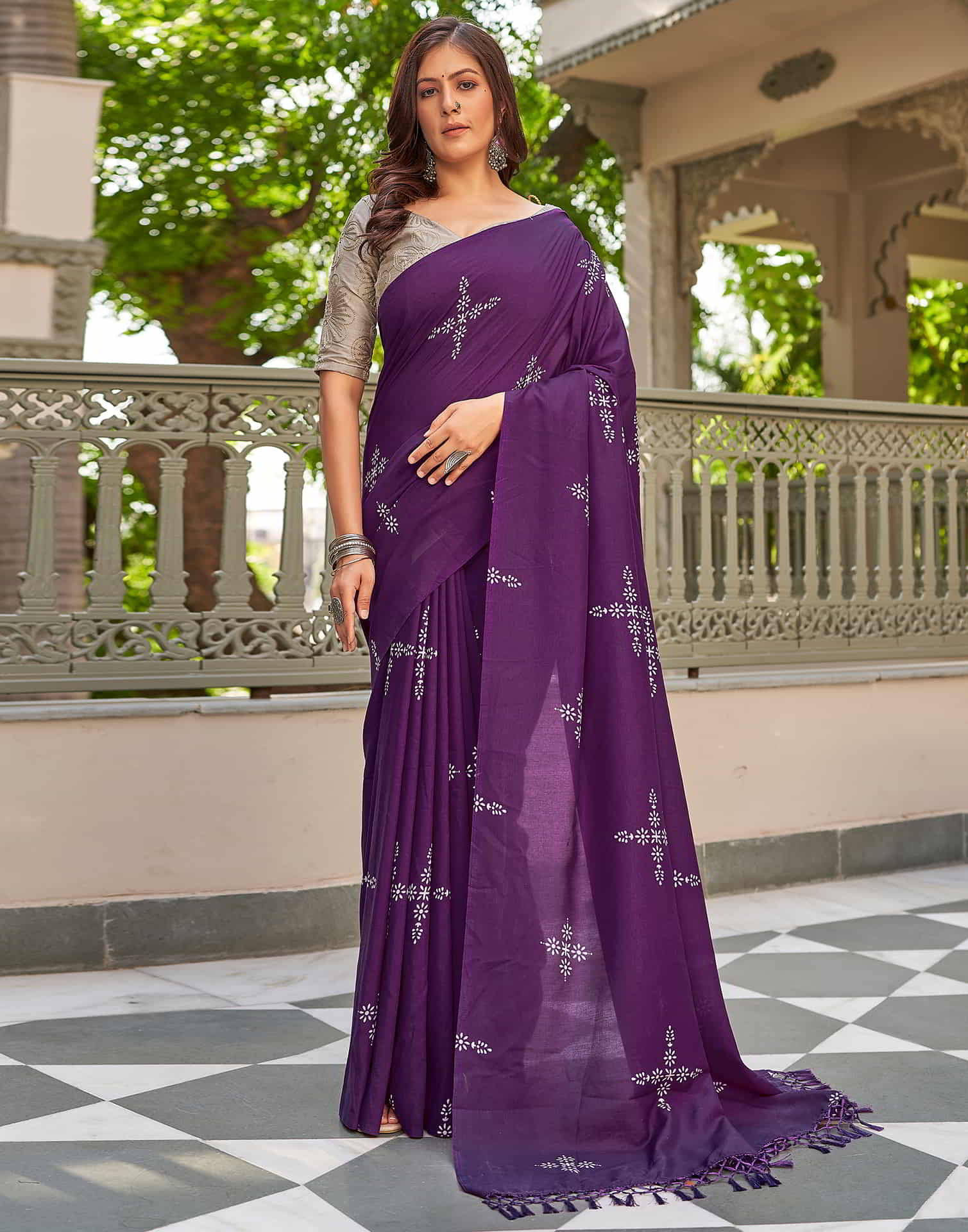 Purple Printed Cotton Saree