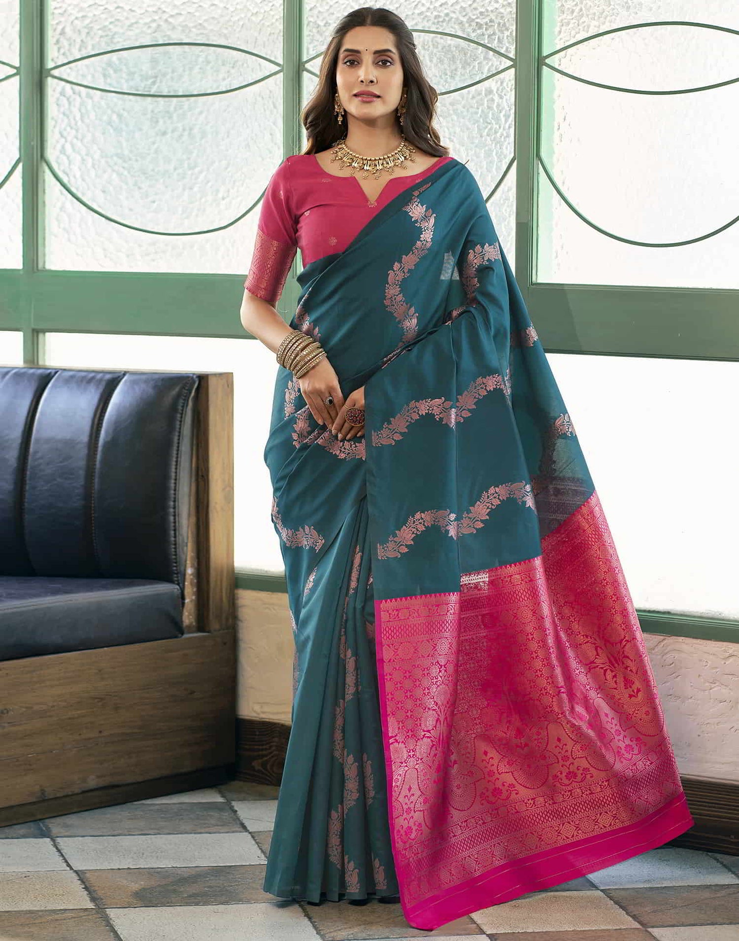 Teal Blue Banarasi Silk Woven Saree