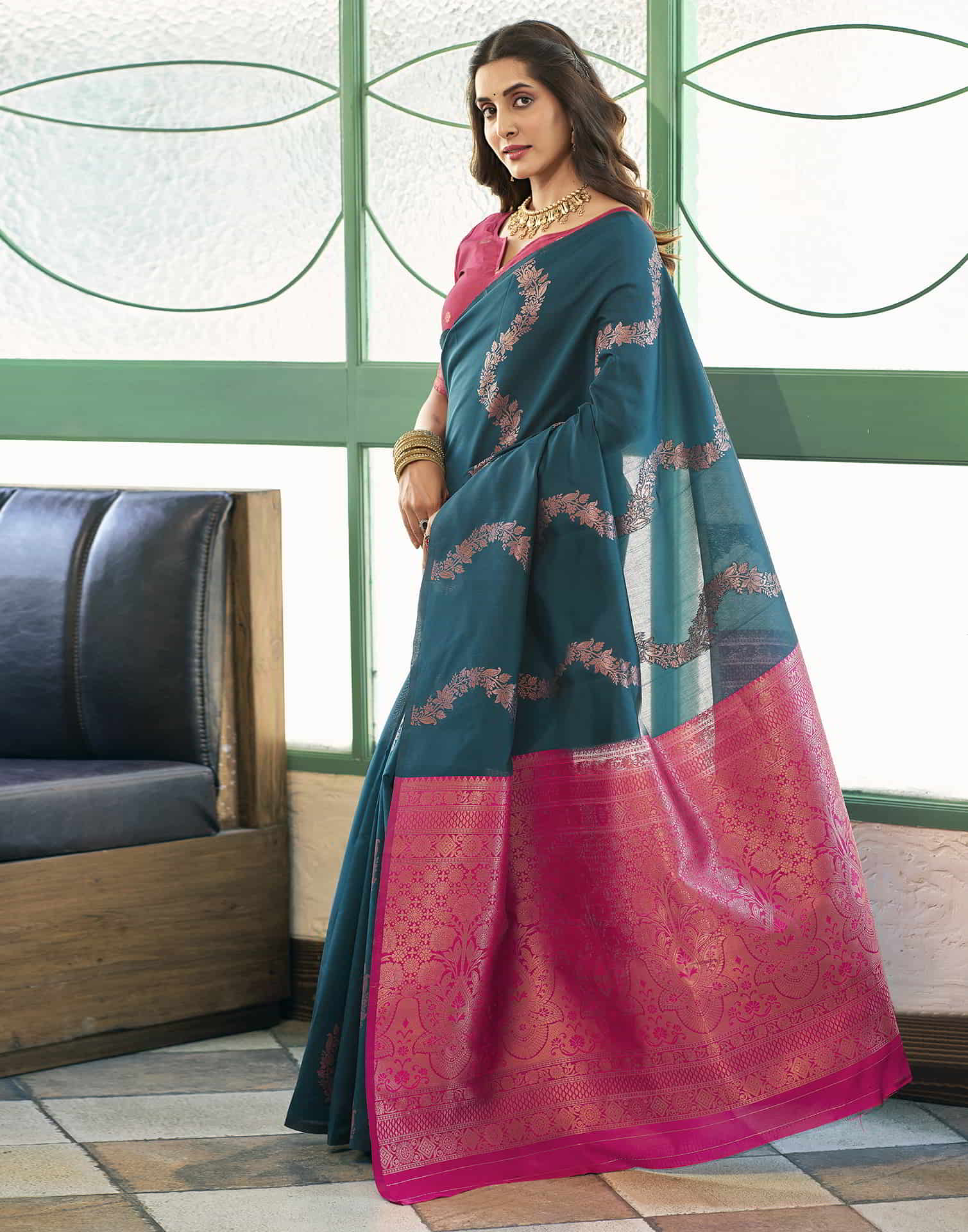 Teal Blue Banarasi Silk Woven Saree