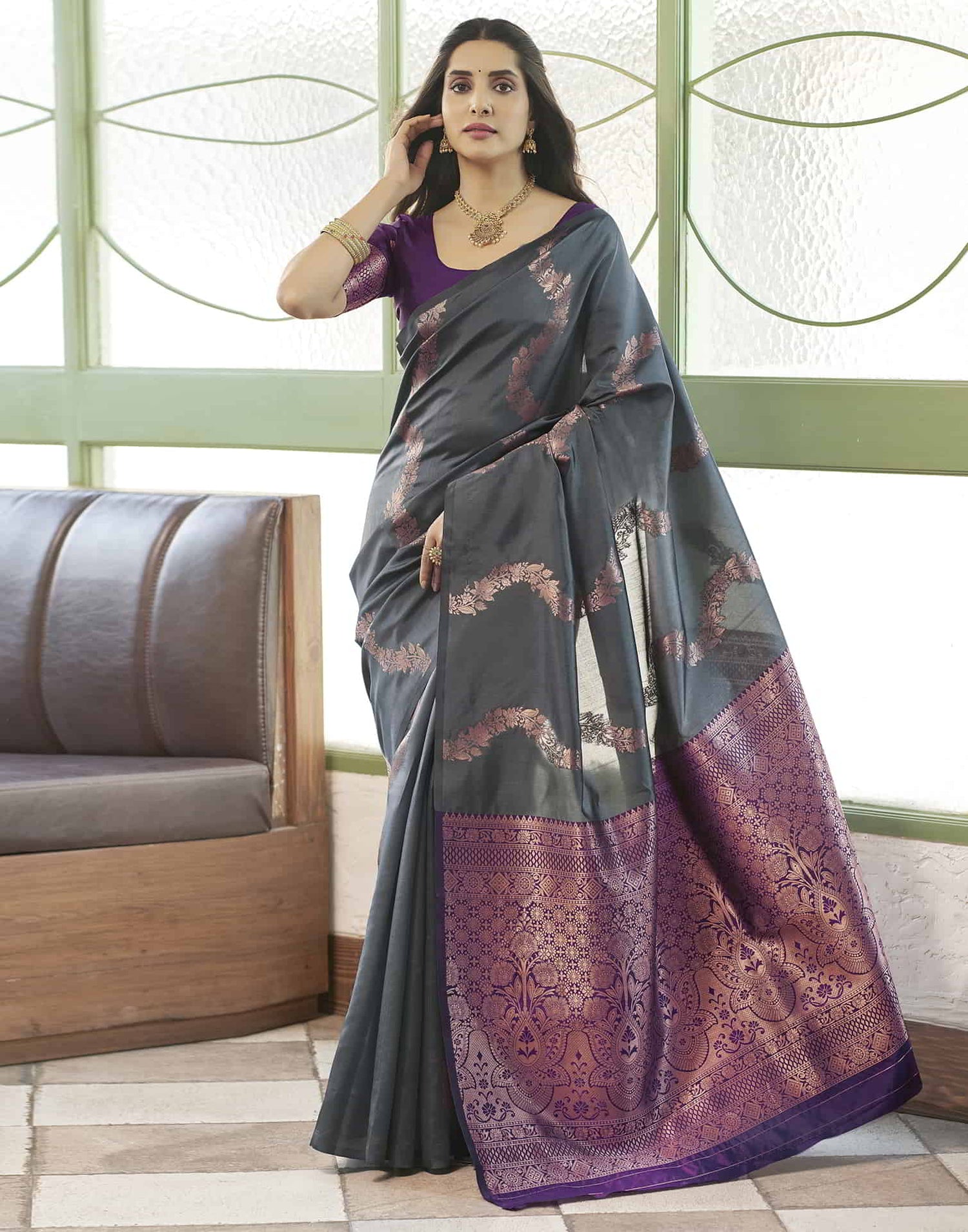 Grey Banarasi Silk Woven Saree