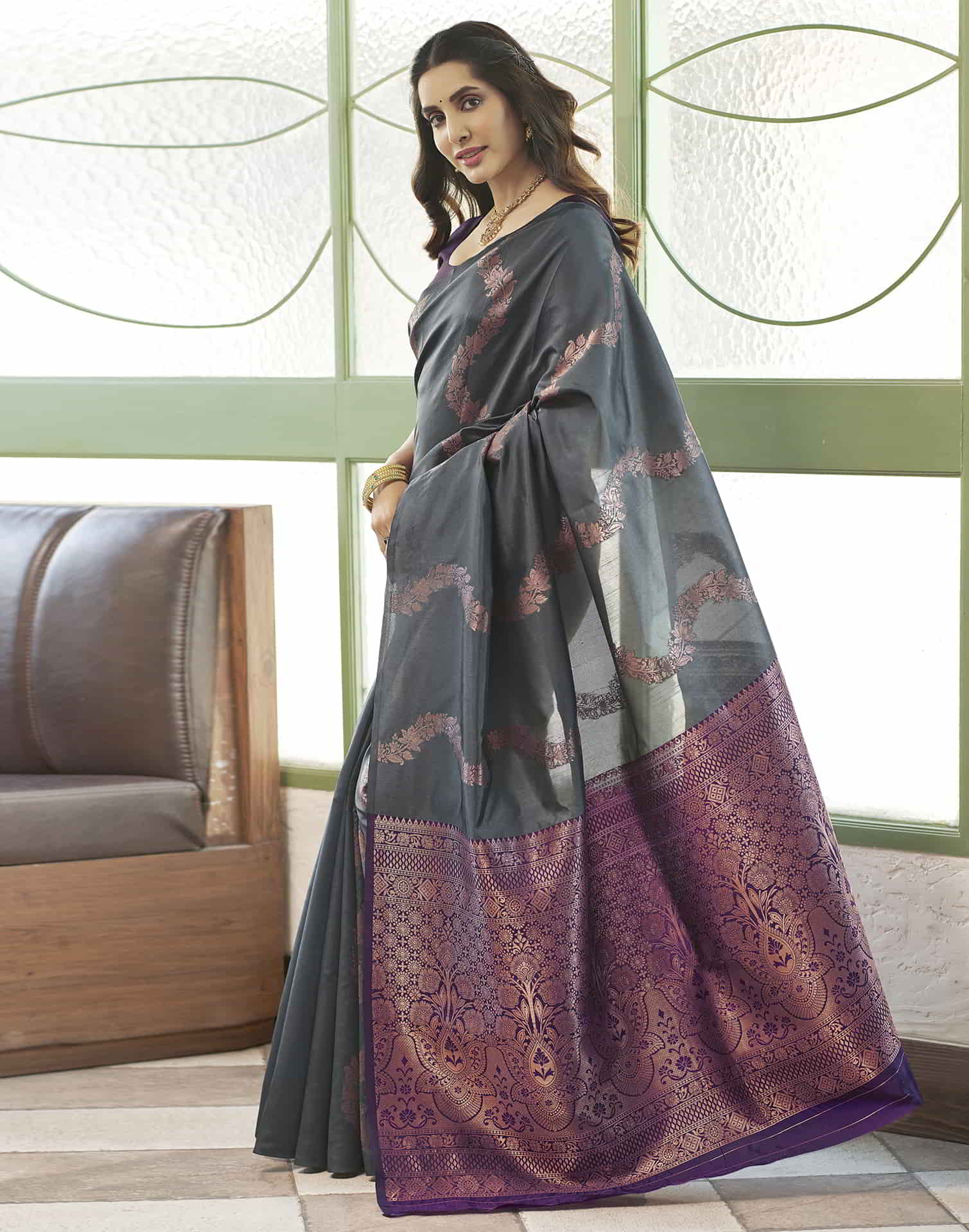 Grey Banarasi Silk Woven Saree