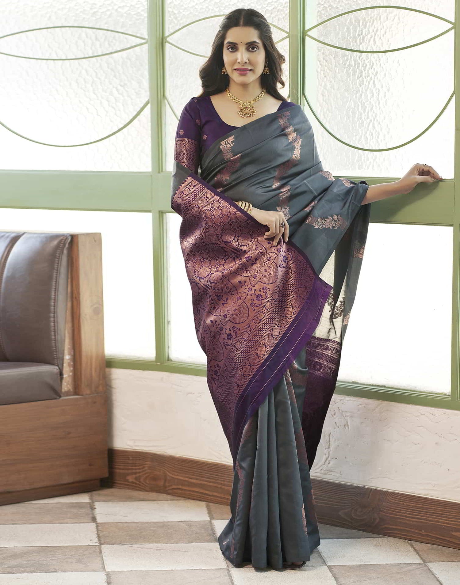 Grey Banarasi Silk Woven Saree