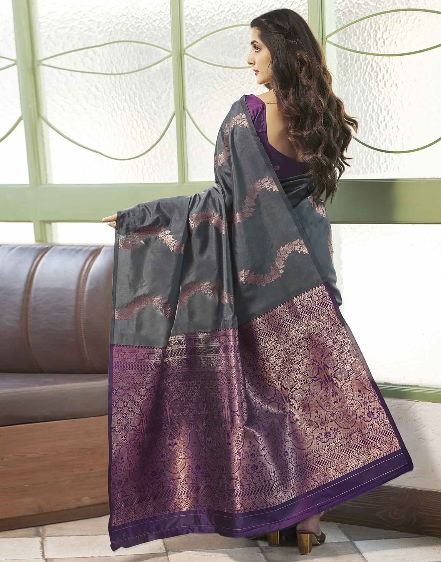 Grey Banarasi Silk Woven Saree