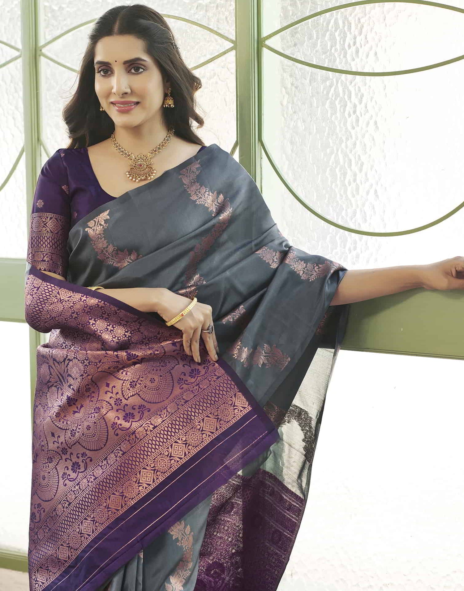 Grey Banarasi Silk Woven Saree