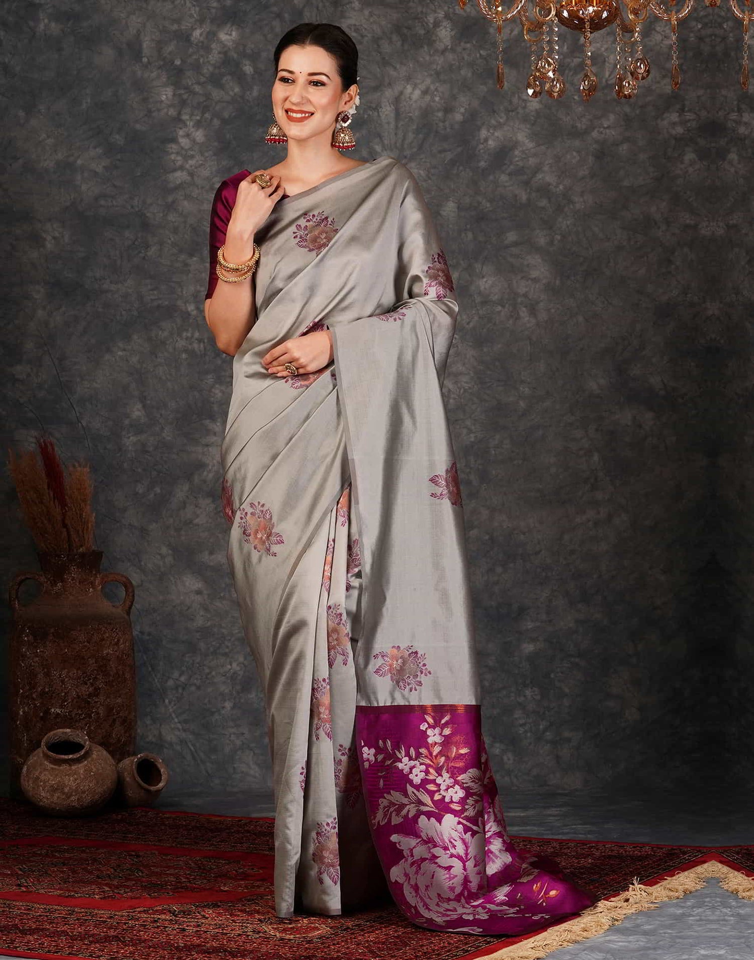 Grey Banarasi Silk Woven Saree