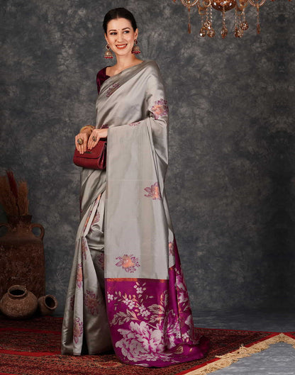 Grey Banarasi Silk Woven Saree