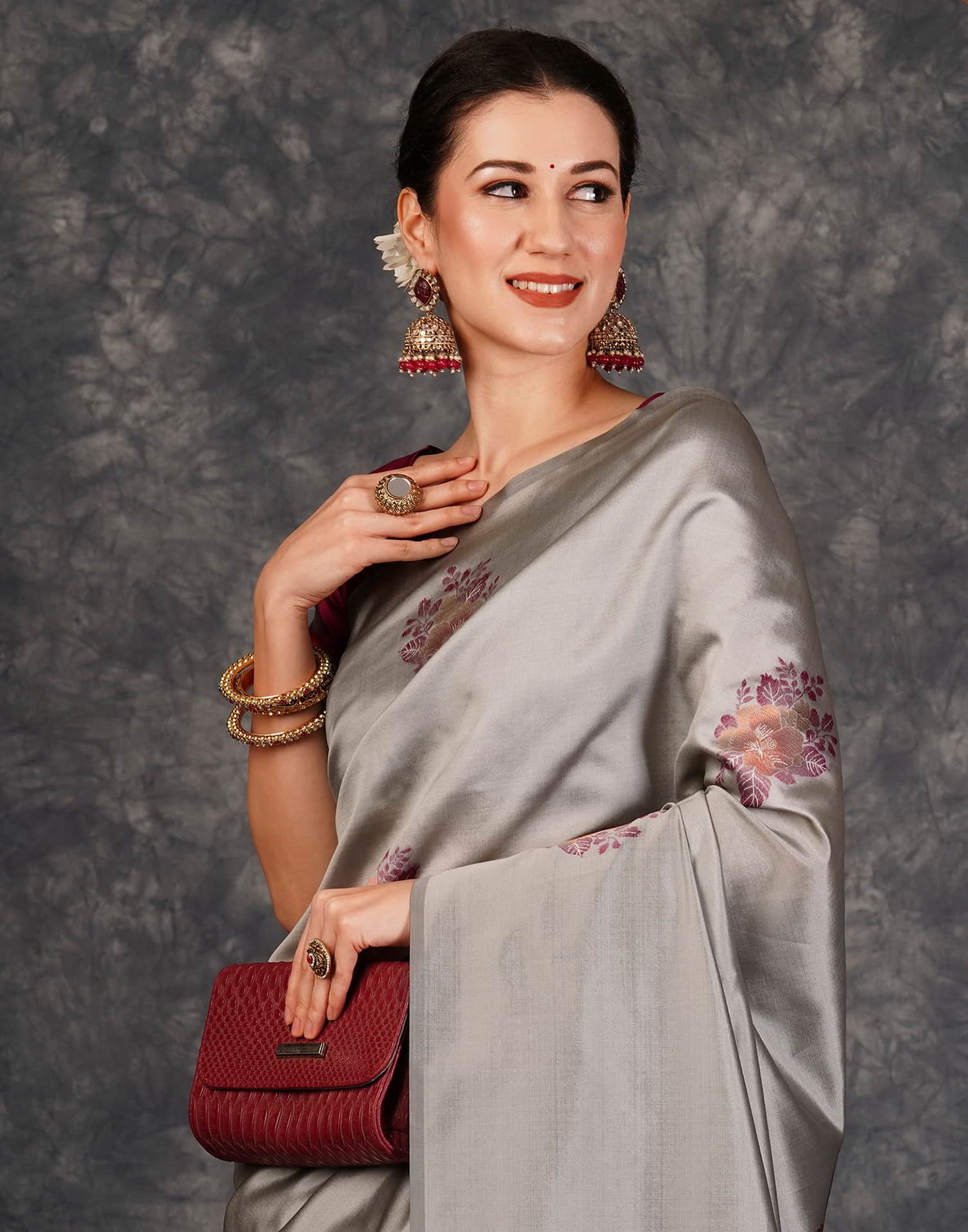 Grey Banarasi Silk Woven Saree