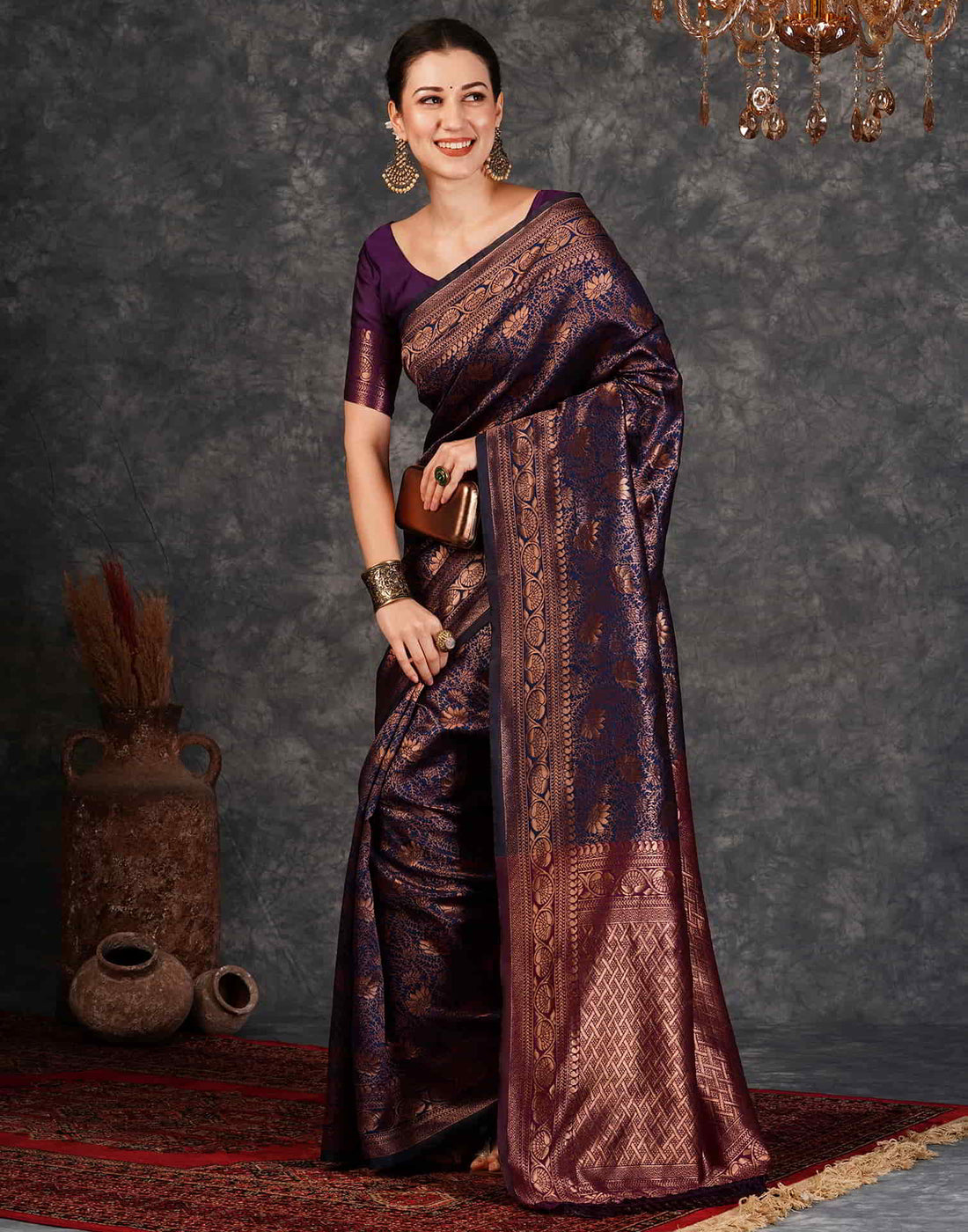 Blue Banarasi Silk Woven Saree With Tassels