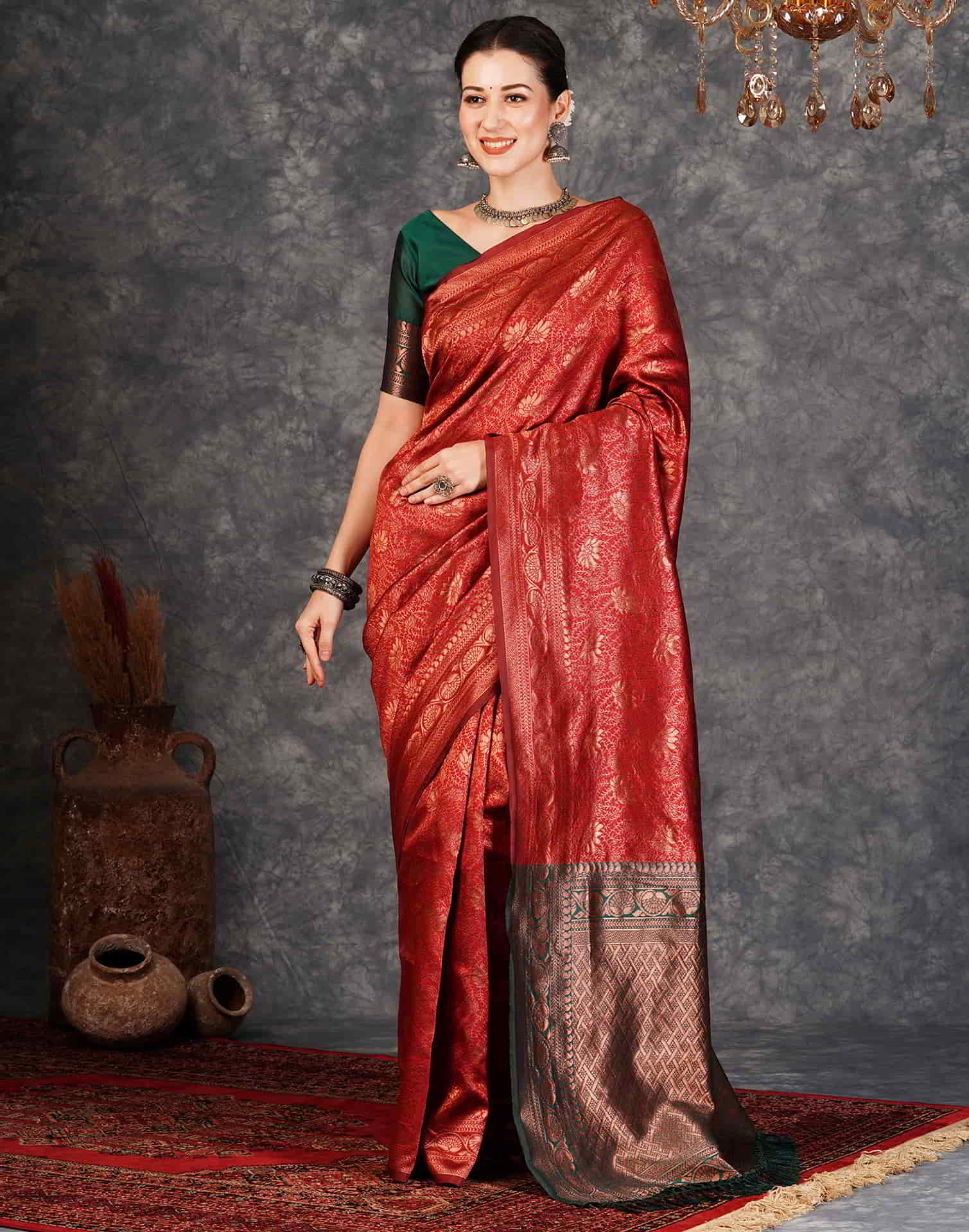 Maroon Banarasi Silk Woven Saree With Tassels