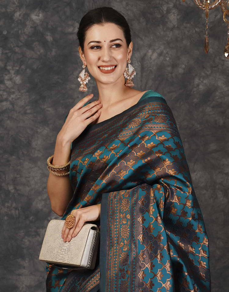 Rama Blue Silk Woven Banarasi Saree