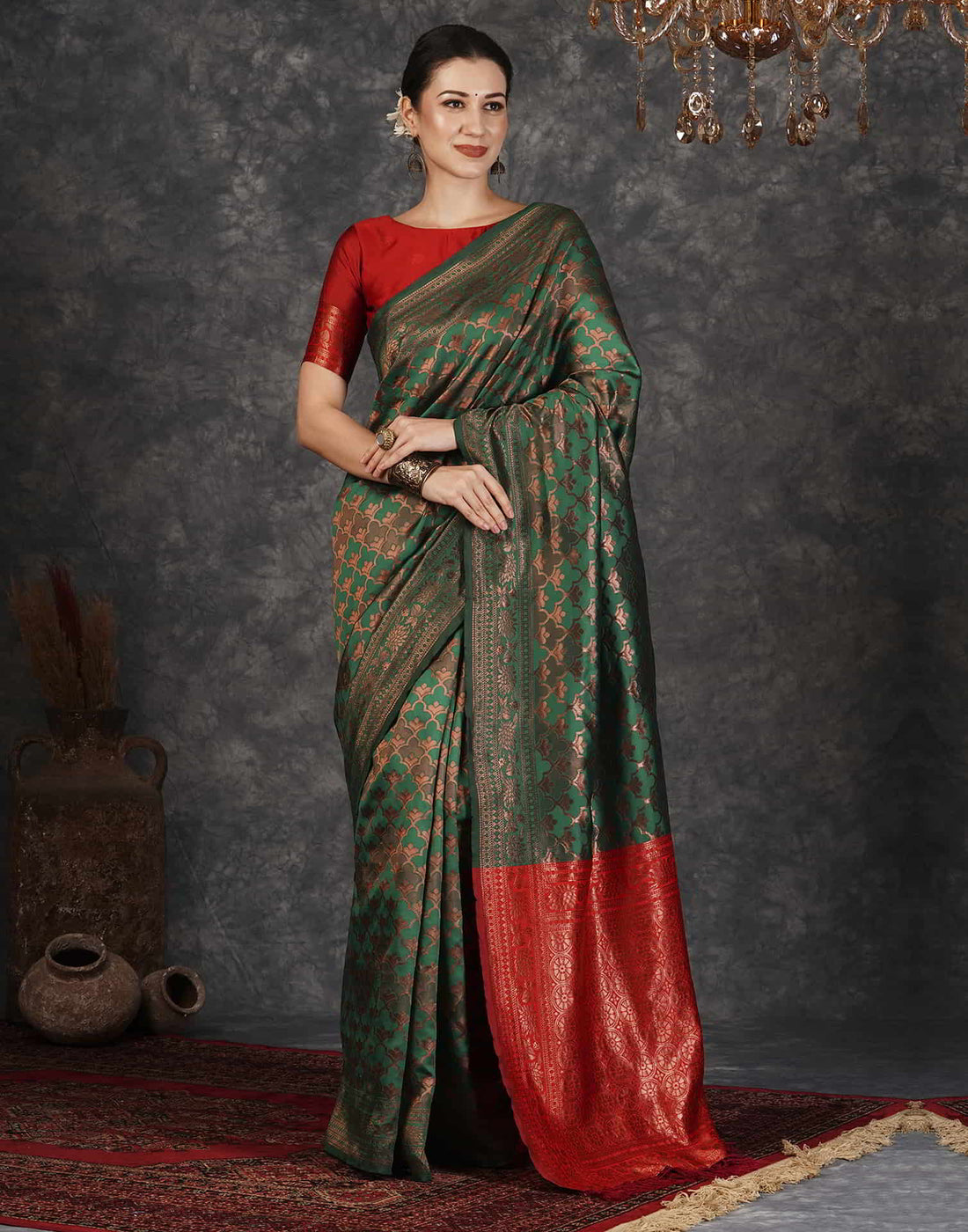 Green and Red Banarasi Silk Woven Saree