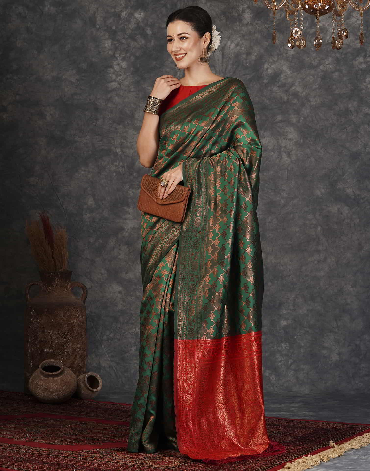 Green and Red Banarasi Silk Woven Saree