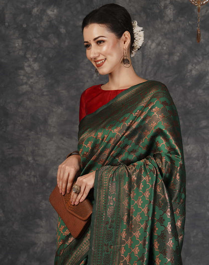 Green and Red Banarasi Silk Woven Saree