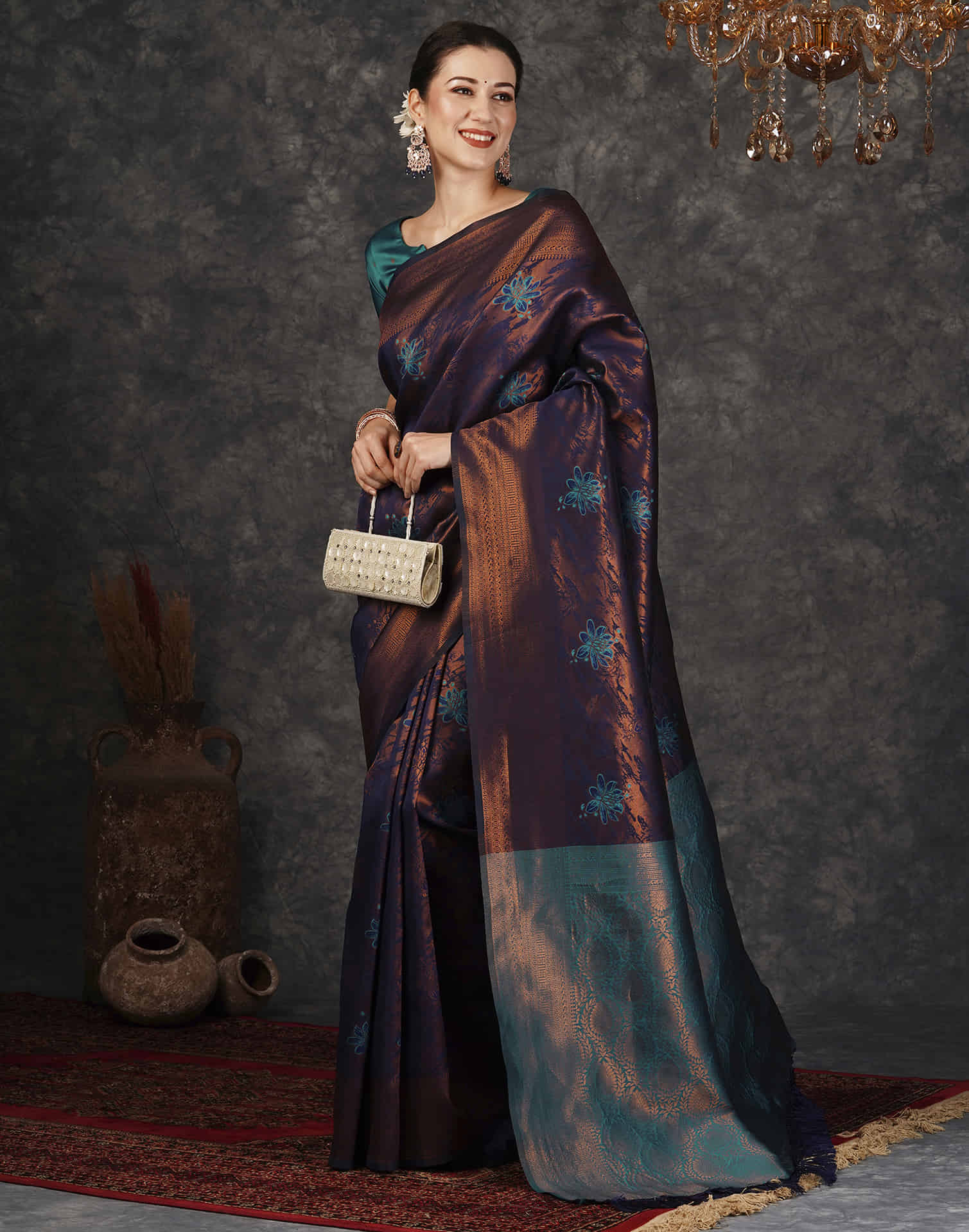 B1G1 Navy Blue Silk Woven Banarasi Saree