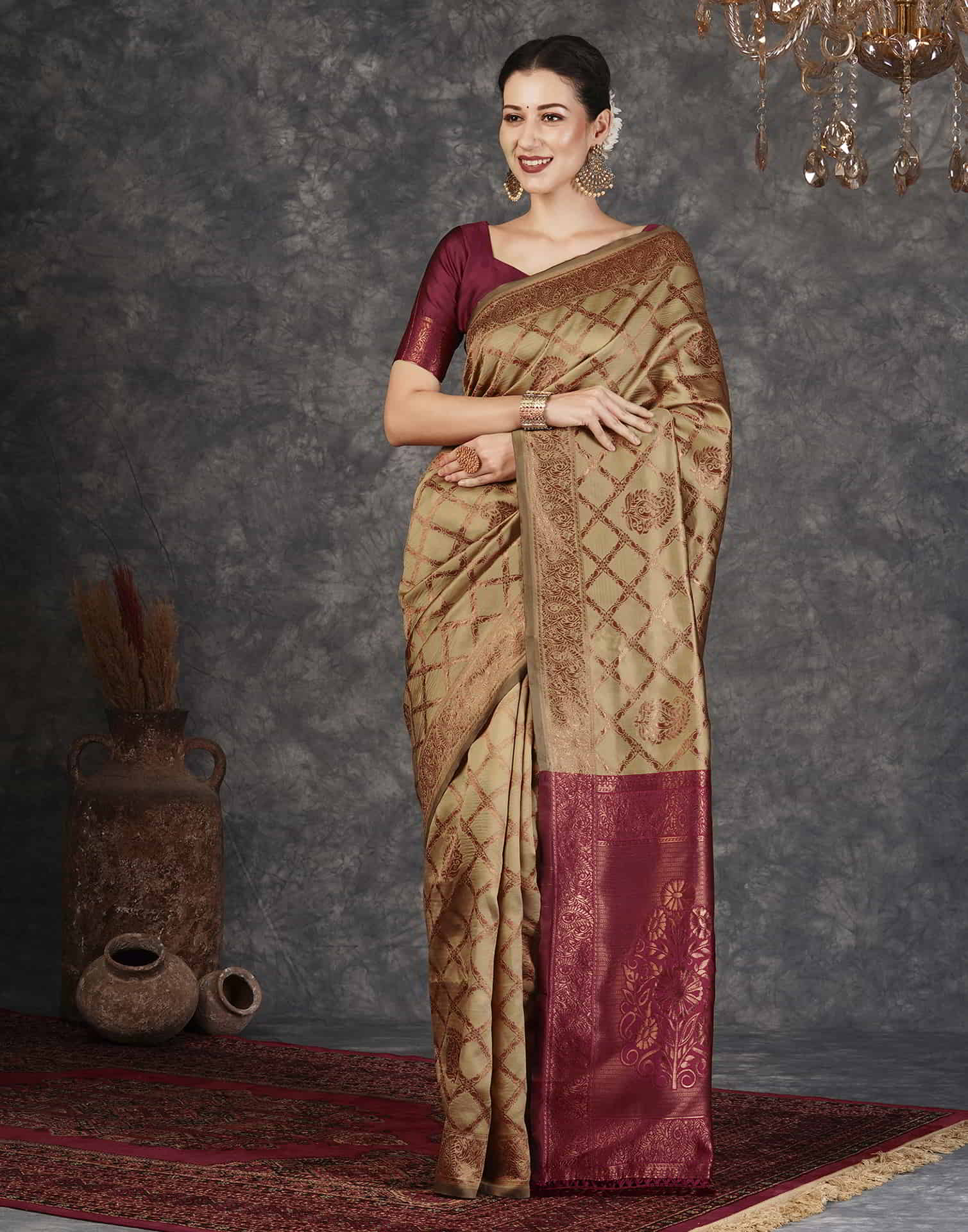 Brown Banarasi Silk Woven Saree With Tassels