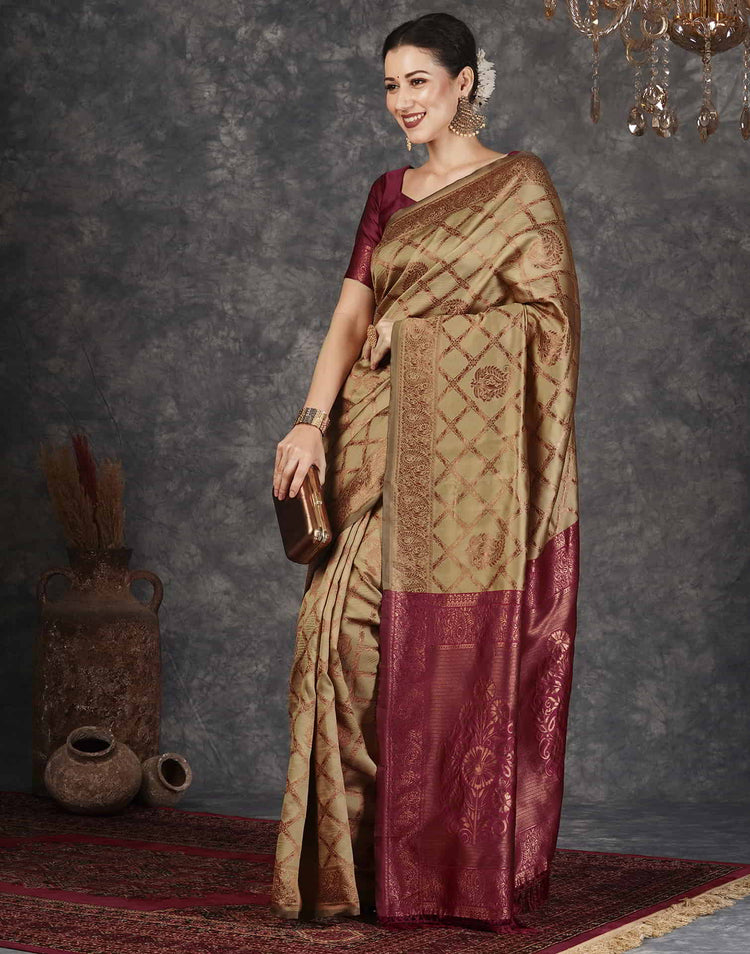 Khaki Silk Woven Banarasi Saree