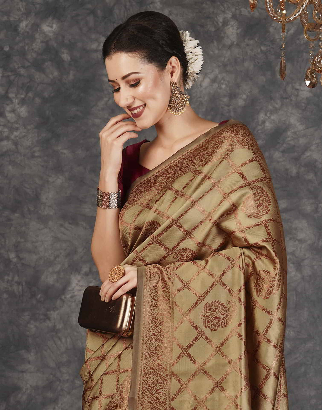 Brown Banarasi Silk Woven Saree With Tassels